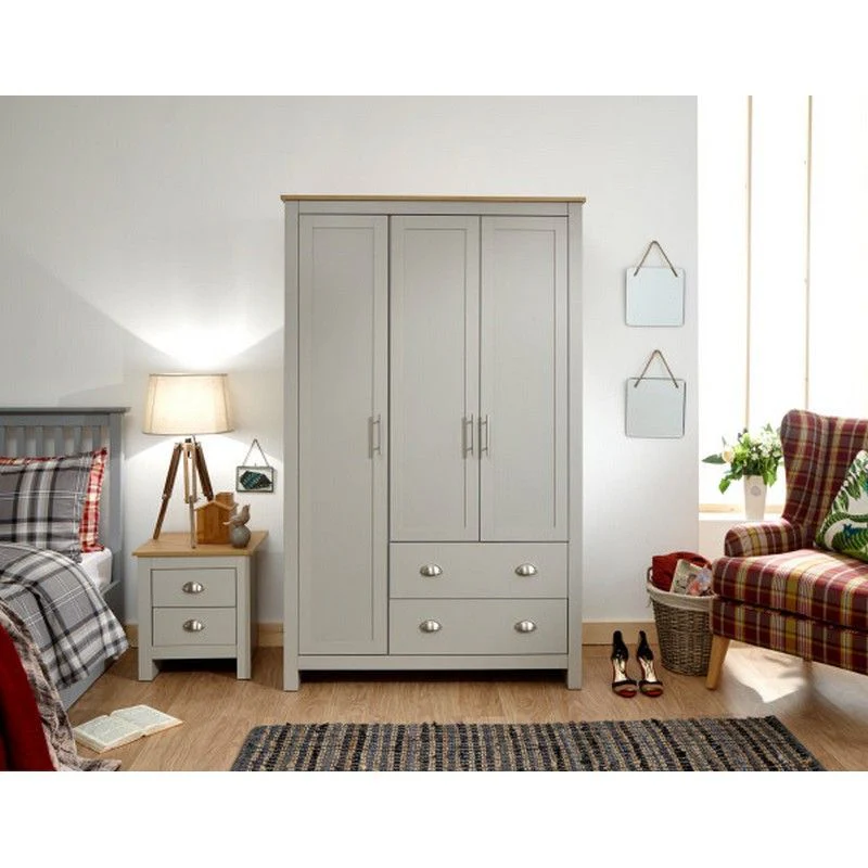 Lancaster Tall Wardrobe Grey 3 Doors 1 Shelf 2 Drawers - Image 5