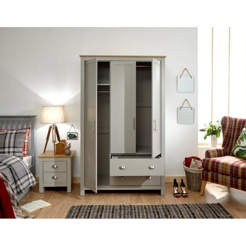 Lancaster Tall Wardrobe Grey 3 Doors 1 Shelf 2 Drawers - Image 6