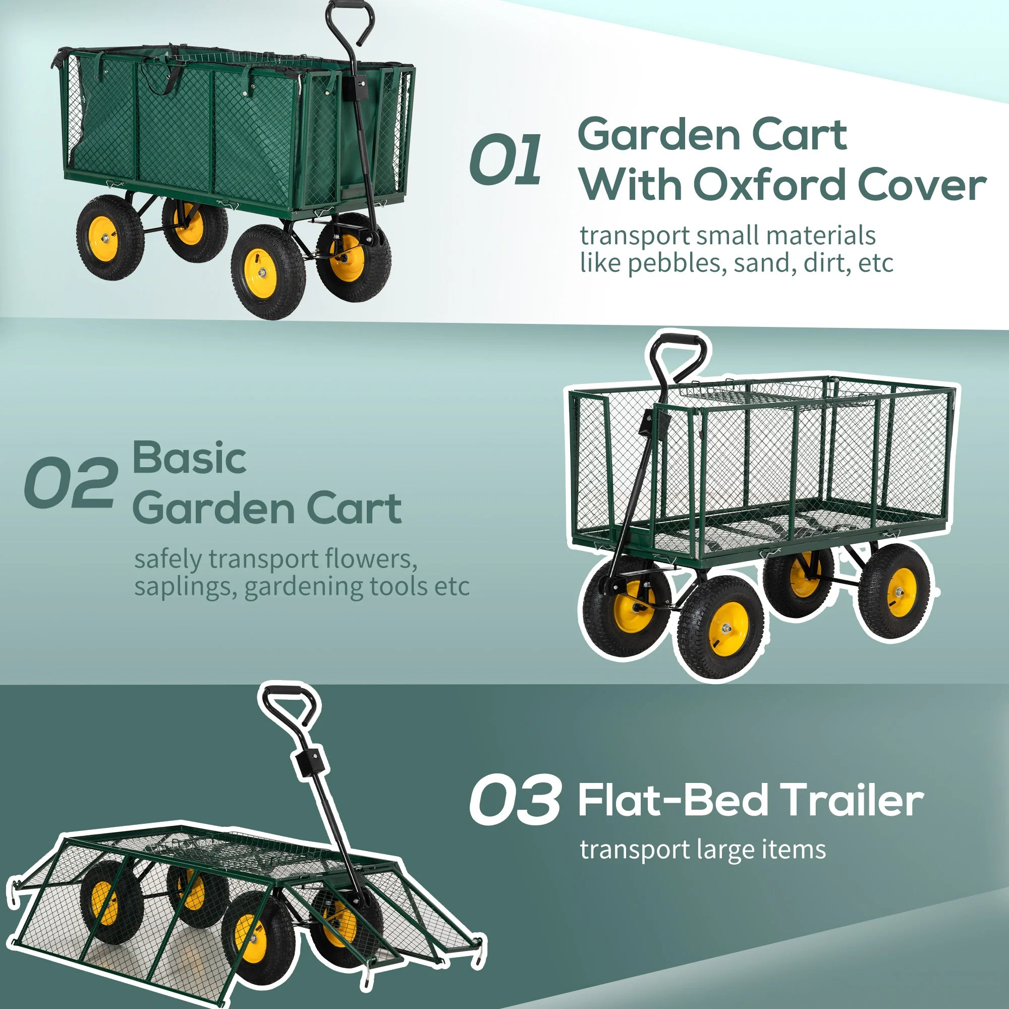 Large 4 Wheel Heavy Duty Garden Cart Truck Trolley Wheelbarrow with Handle and Metal Frame - Green - Image 5