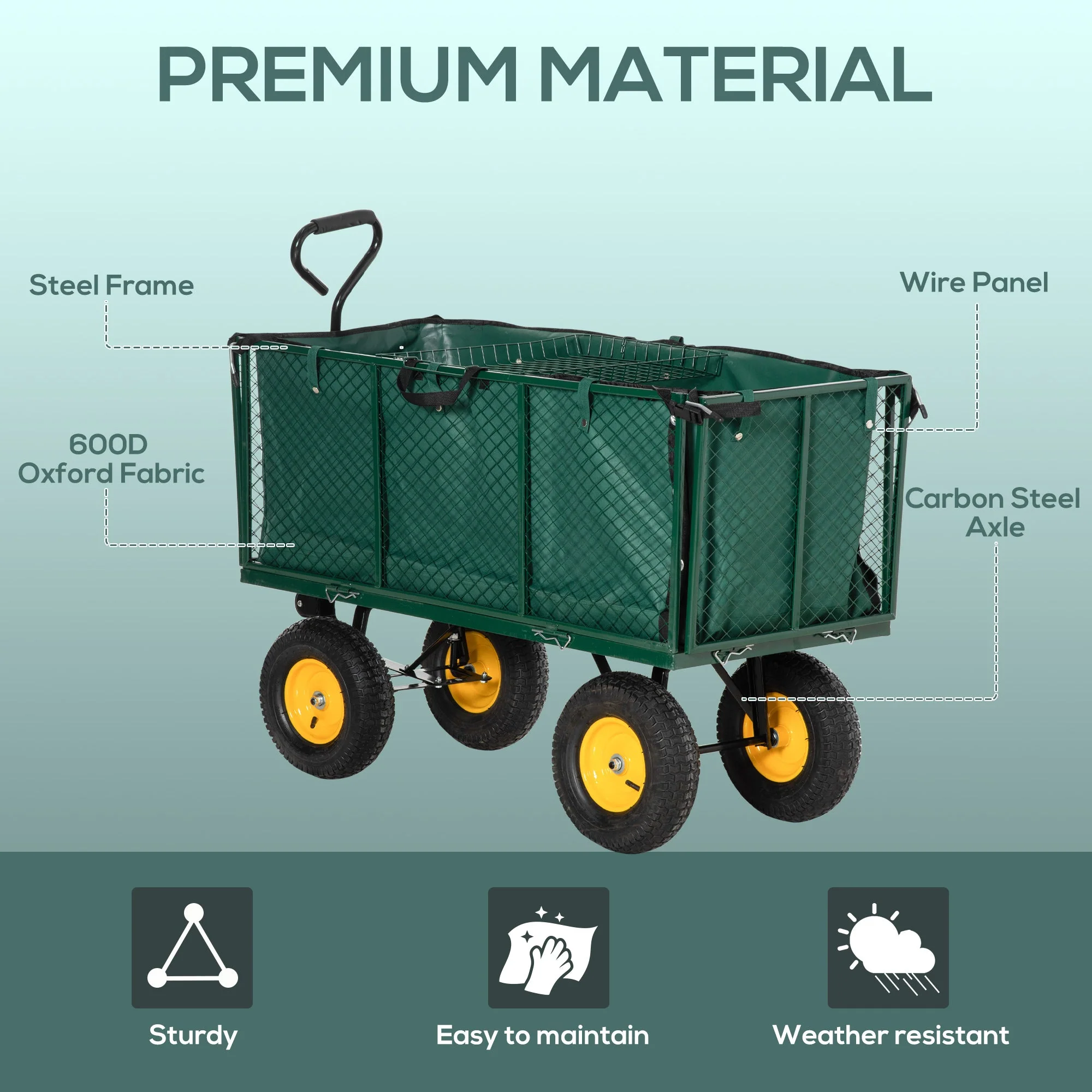 Large 4 Wheel Heavy Duty Garden Cart Truck Trolley Wheelbarrow with Handle and Metal Frame - Green - Image 7