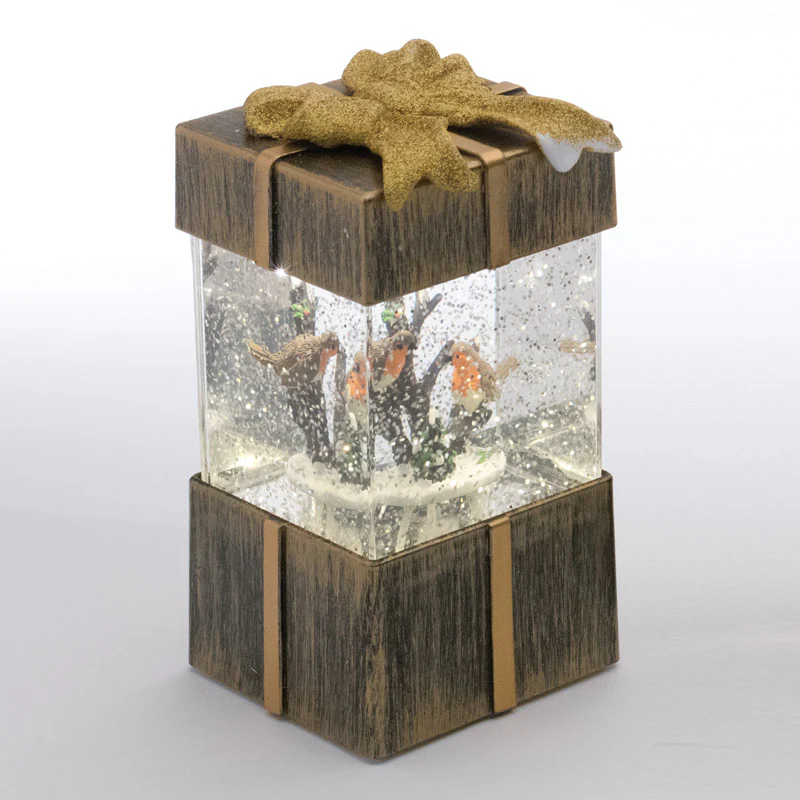 LED White Animated Bronze Gift Box With Robins Ornament 17cm - Image 2