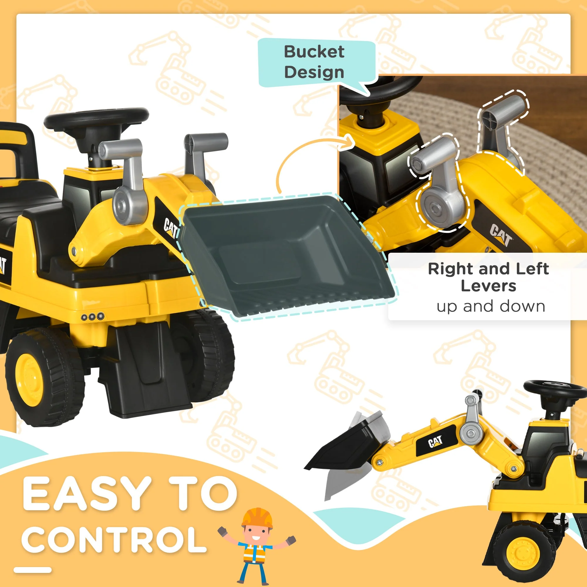 Licensed CAT Kids Construction Ride on with Manual Bucket - Image 4