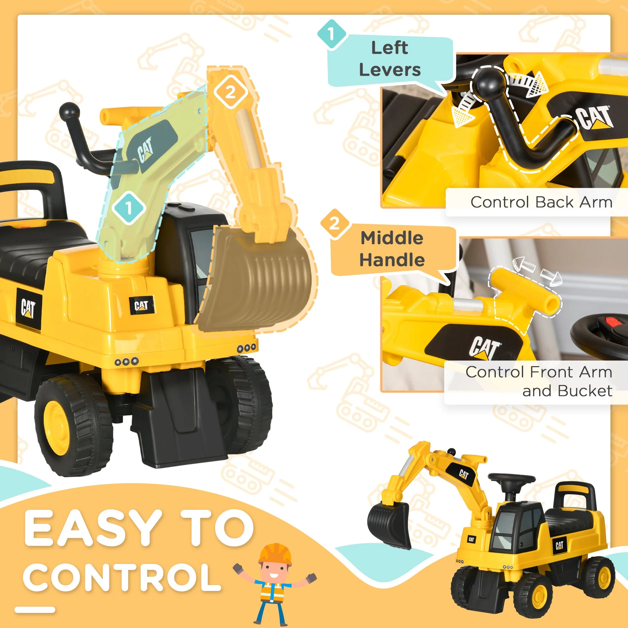Licensed CAT Kids Ride on Digger Excavator with Manual Bucket - Image 5