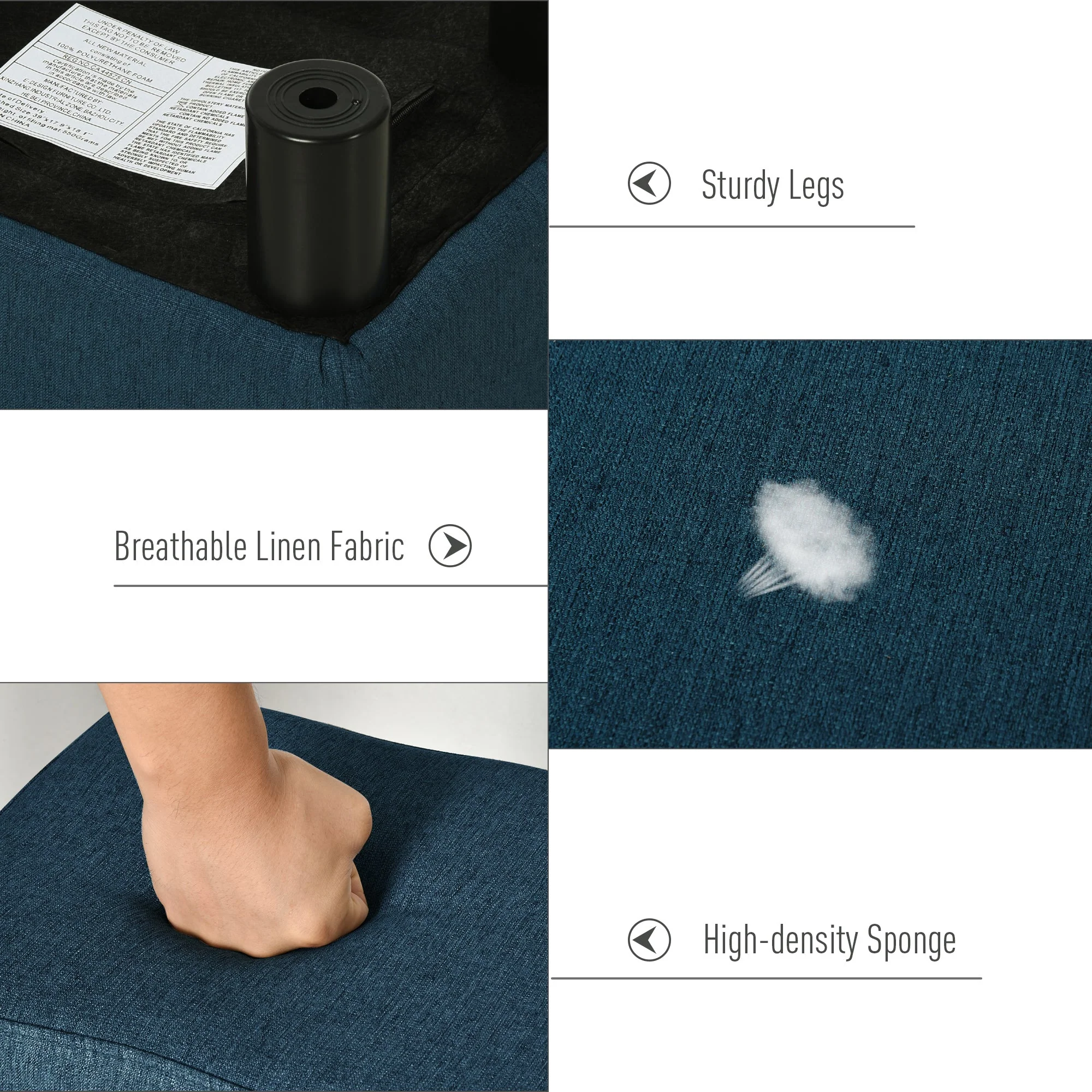 Linen Fabric Footstool Footrest Small Seat Foot Rest Chair Ottoman Light Home Office with Legs 40 x 30 x 24cm Blue - Image 4