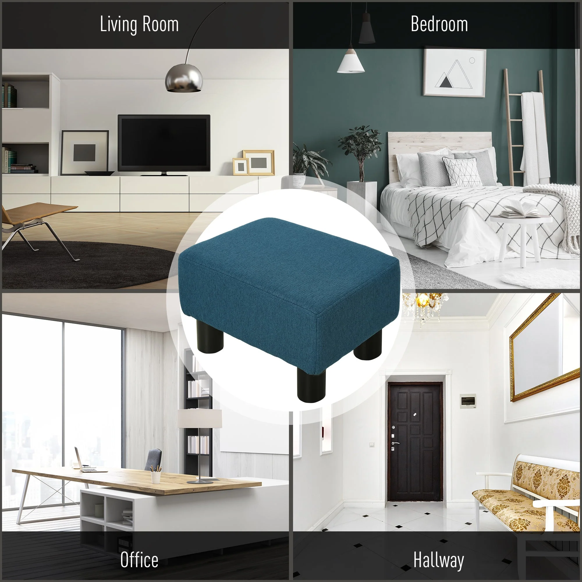 Linen Fabric Footstool Footrest Small Seat Foot Rest Chair Ottoman Light Home Office with Legs 40 x 30 x 24cm Blue - Image 5