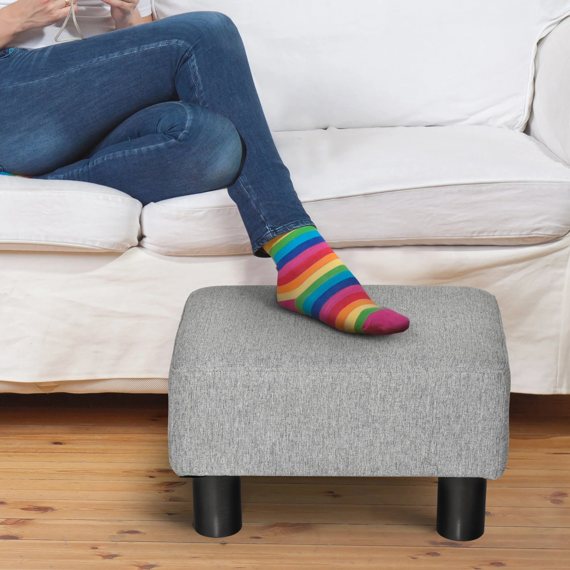Linen Fabric Footstool Footrest Small Seat Foot Rest Chair Ottoman Light Home Office with Legs 40 x 30 x 24cm Grey - Image 4
