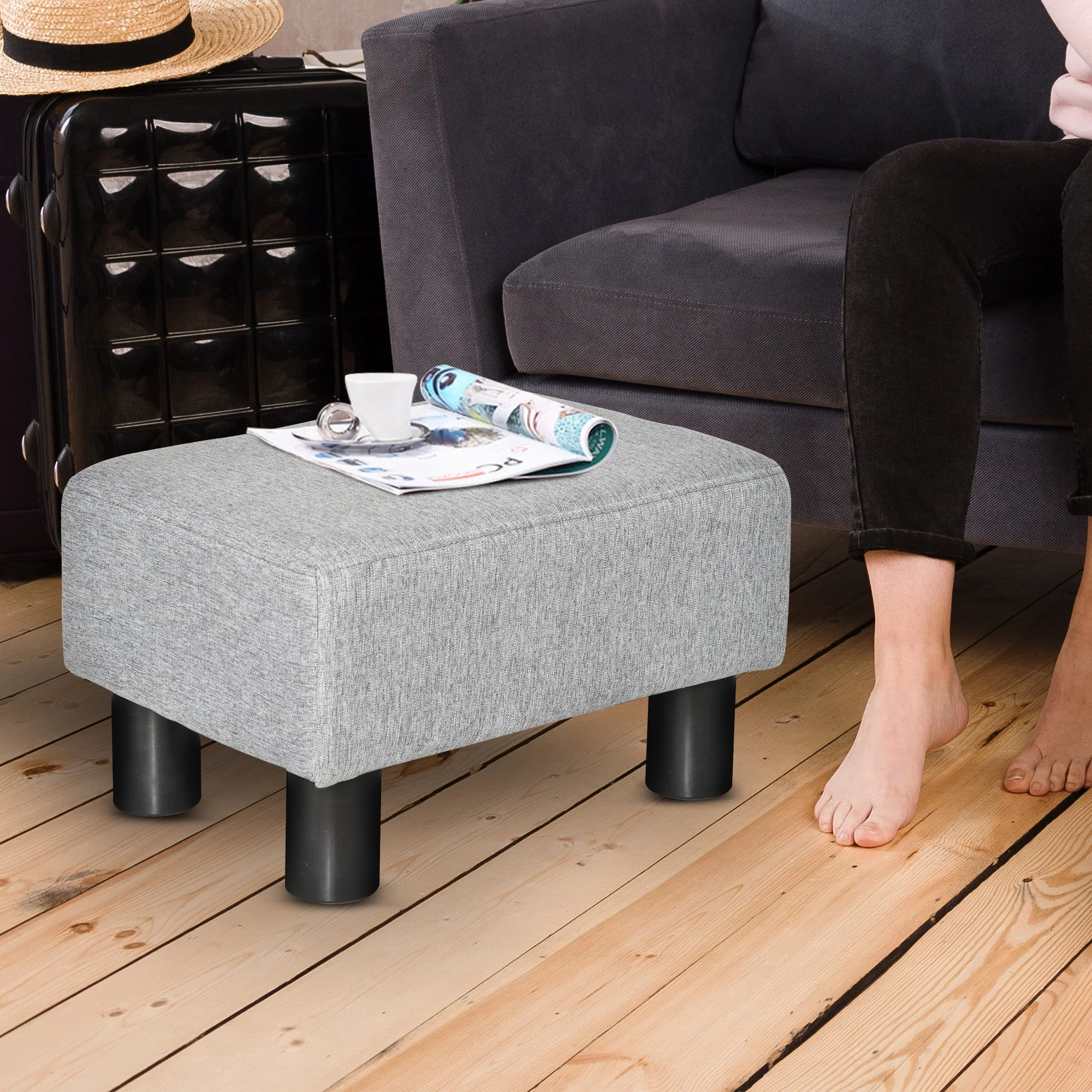 Linen Fabric Footstool Footrest Small Seat Foot Rest Chair Ottoman Light Home Office with Legs 40 x 30 x 24cm Grey - Image 5