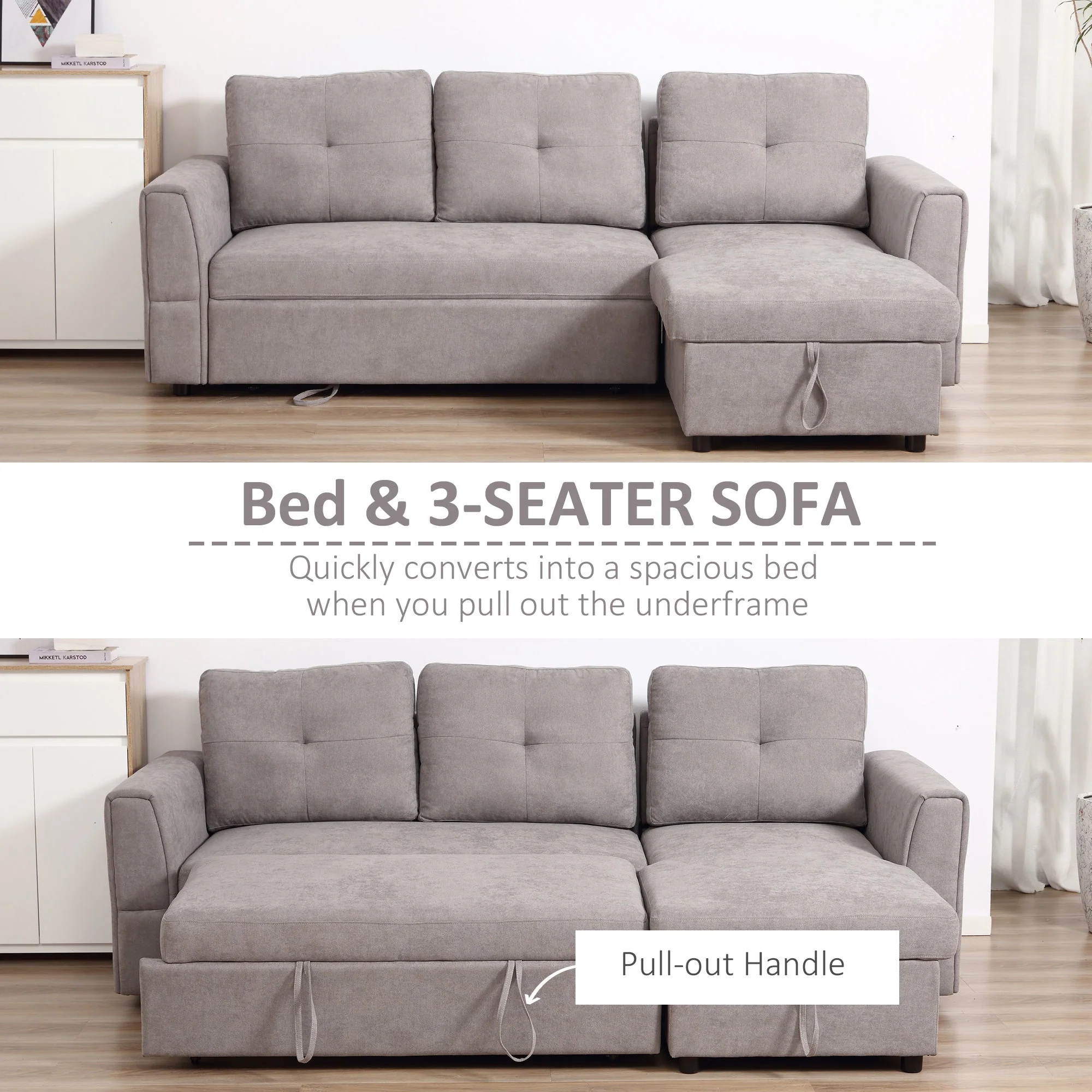 Linen-Look 'L' Storage Sofa Bed - Light Grey - Image 4