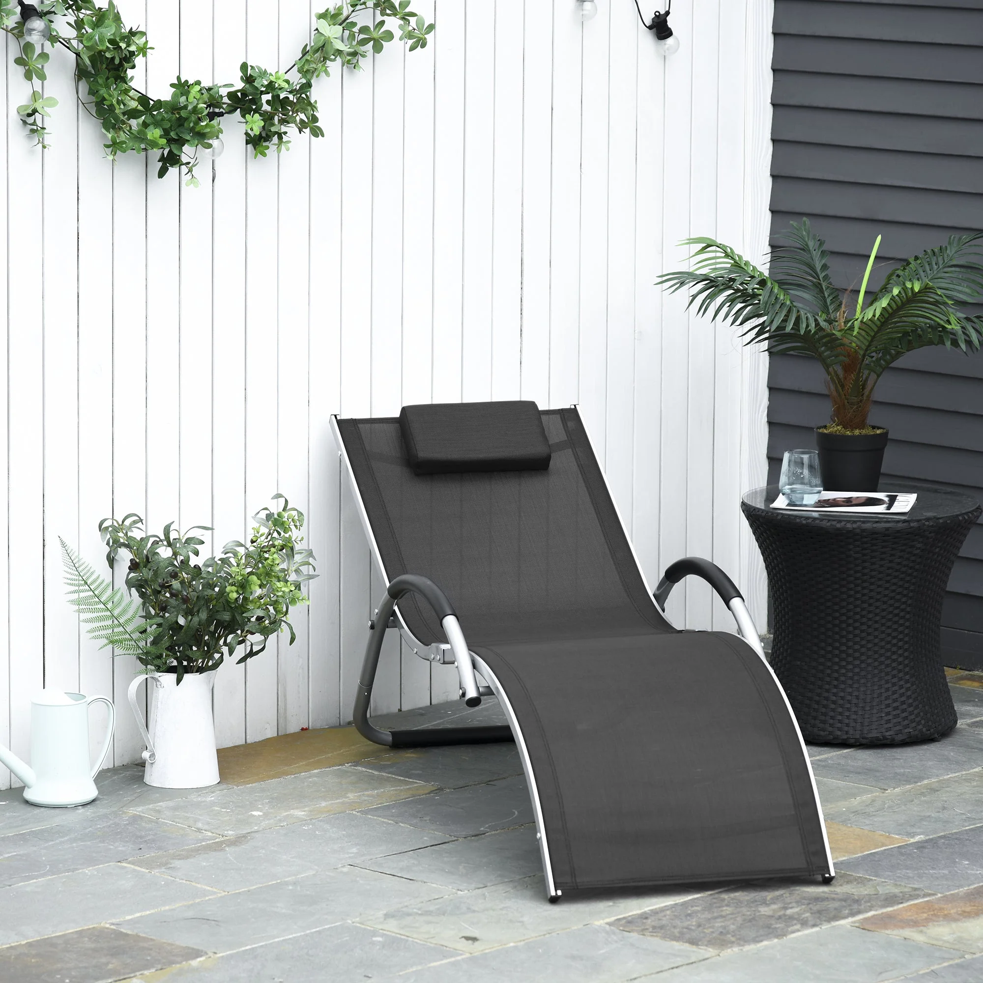 Lounger Chair Portable Armchair with Removable Pillow for Beach Yard Black - Image 2