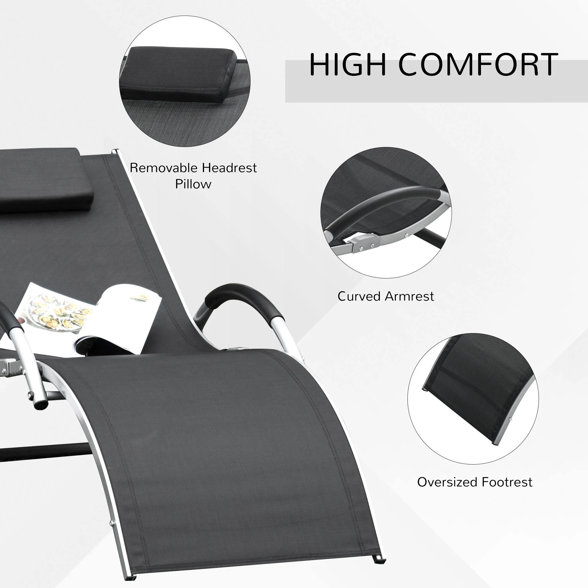Lounger Chair Portable Armchair with Removable Pillow for Beach Yard Black - Image 7