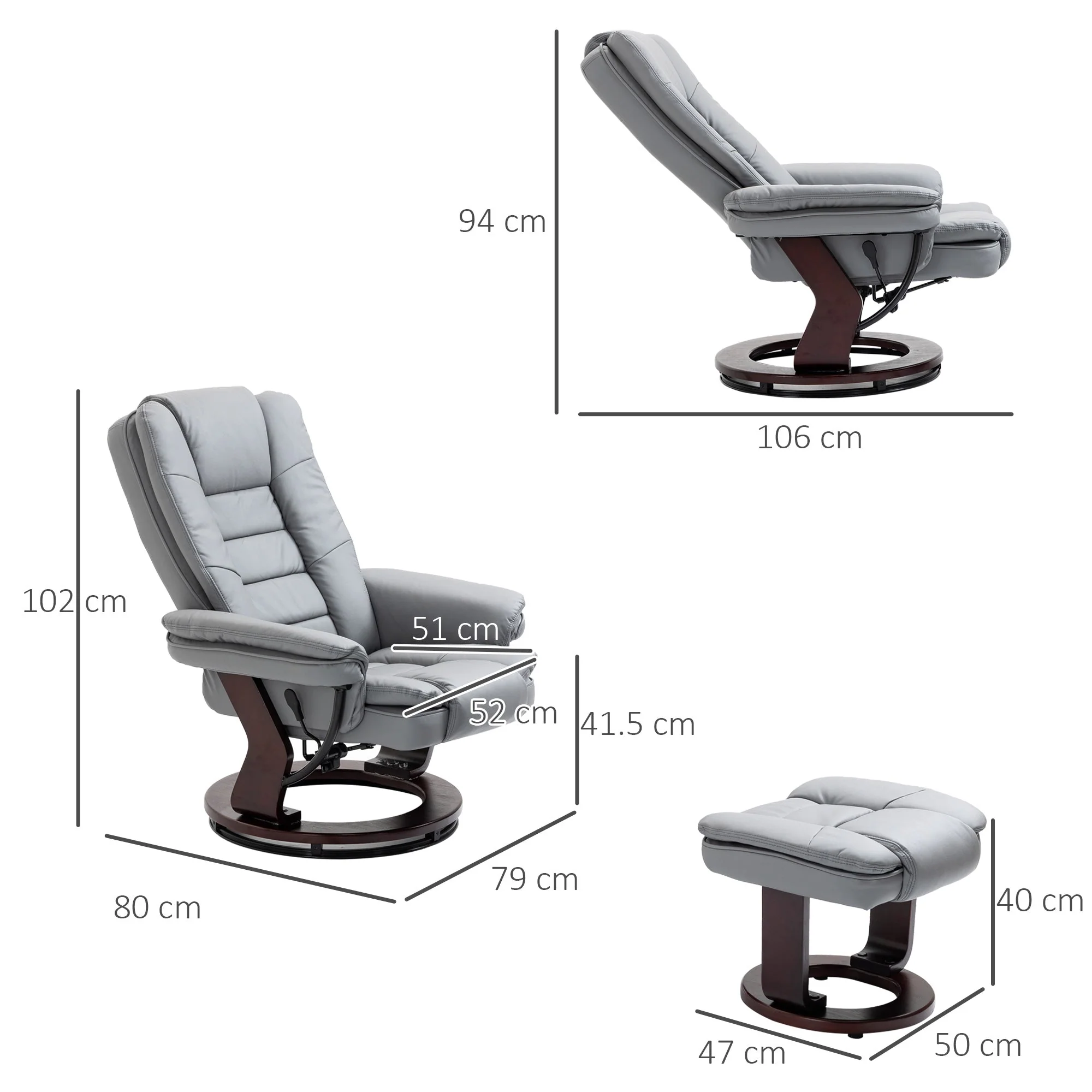 Manual Recliner and Footrest Set PU Leather Leisure Lounge Chair Armchair with Swivel Wood Base - Image 3