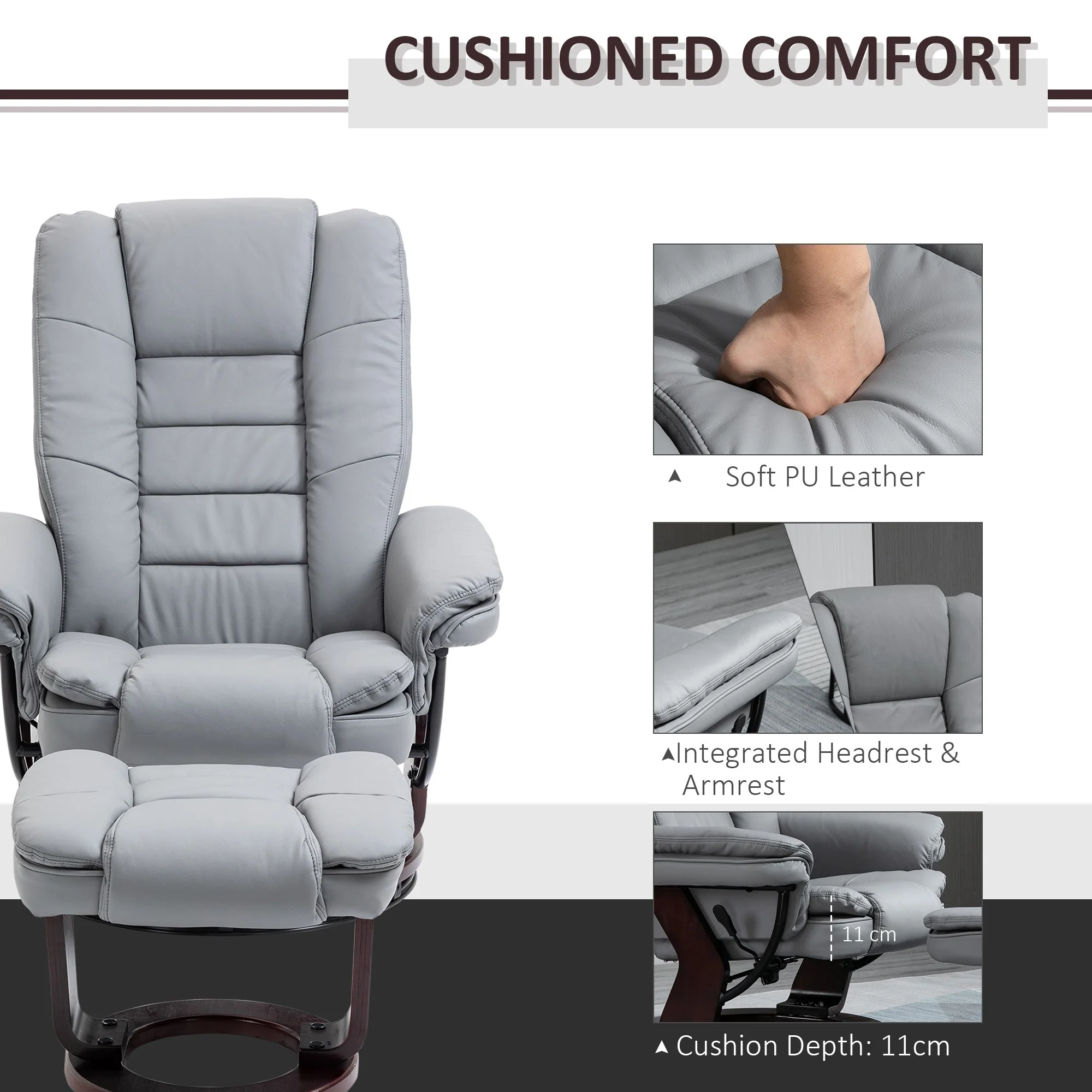 Manual Recliner and Footrest Set PU Leather Leisure Lounge Chair Armchair with Swivel Wood Base - Image 6