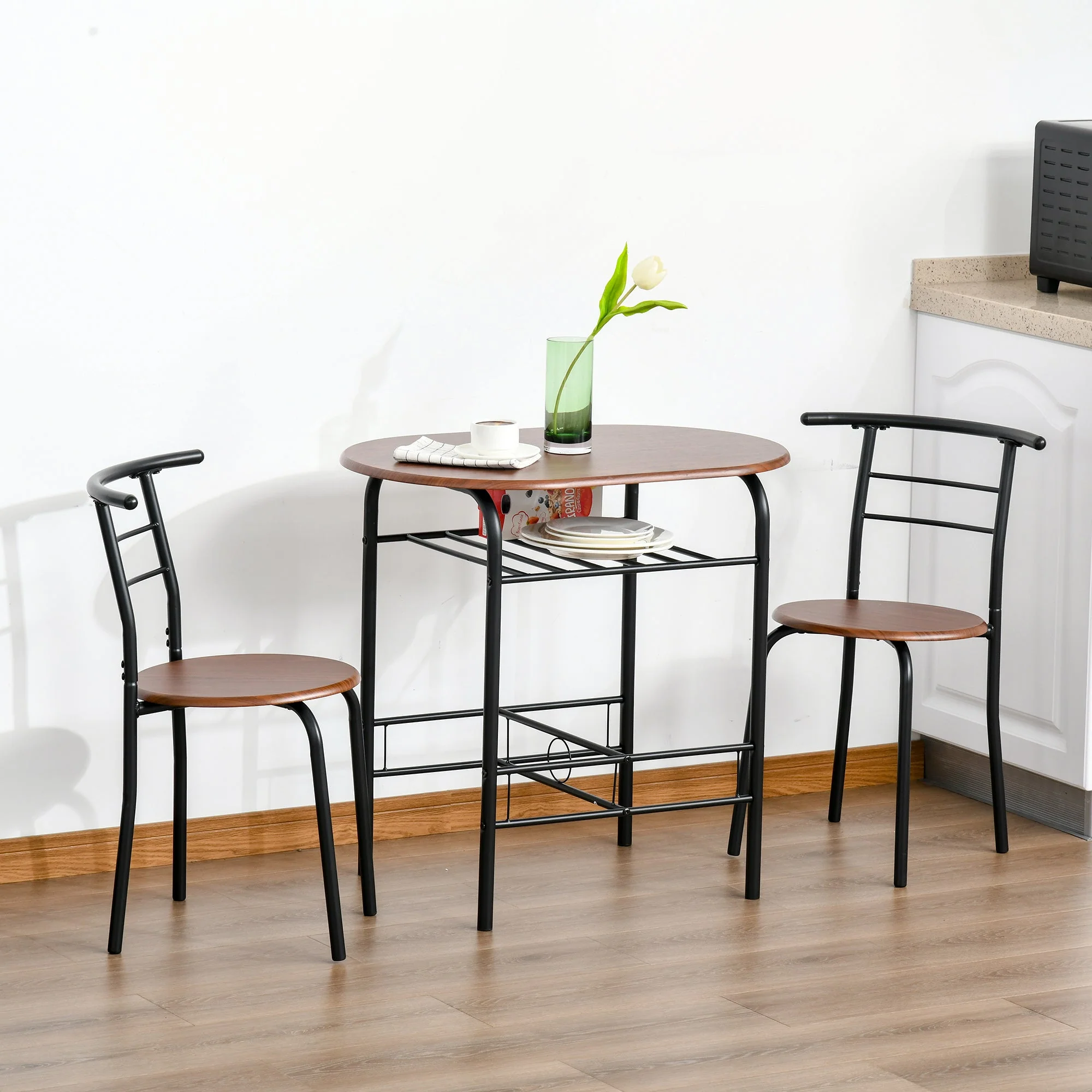 Medium-density fibreboard 2 Seater Bar Stool and Table Set w/ Bottle Storage Shelf Wood Tone - Image 2