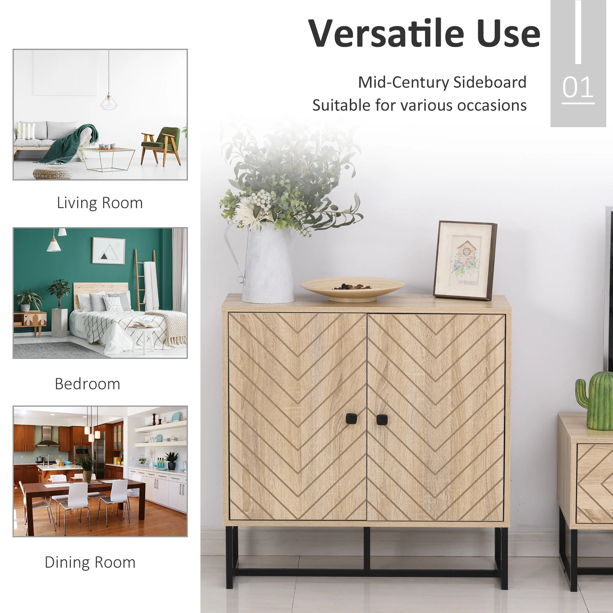 Medium-density fibreboard 2-Tier Storage Cabinet Steel Frame Handles Tabletop Unique Home Style Organiser - Image 3
