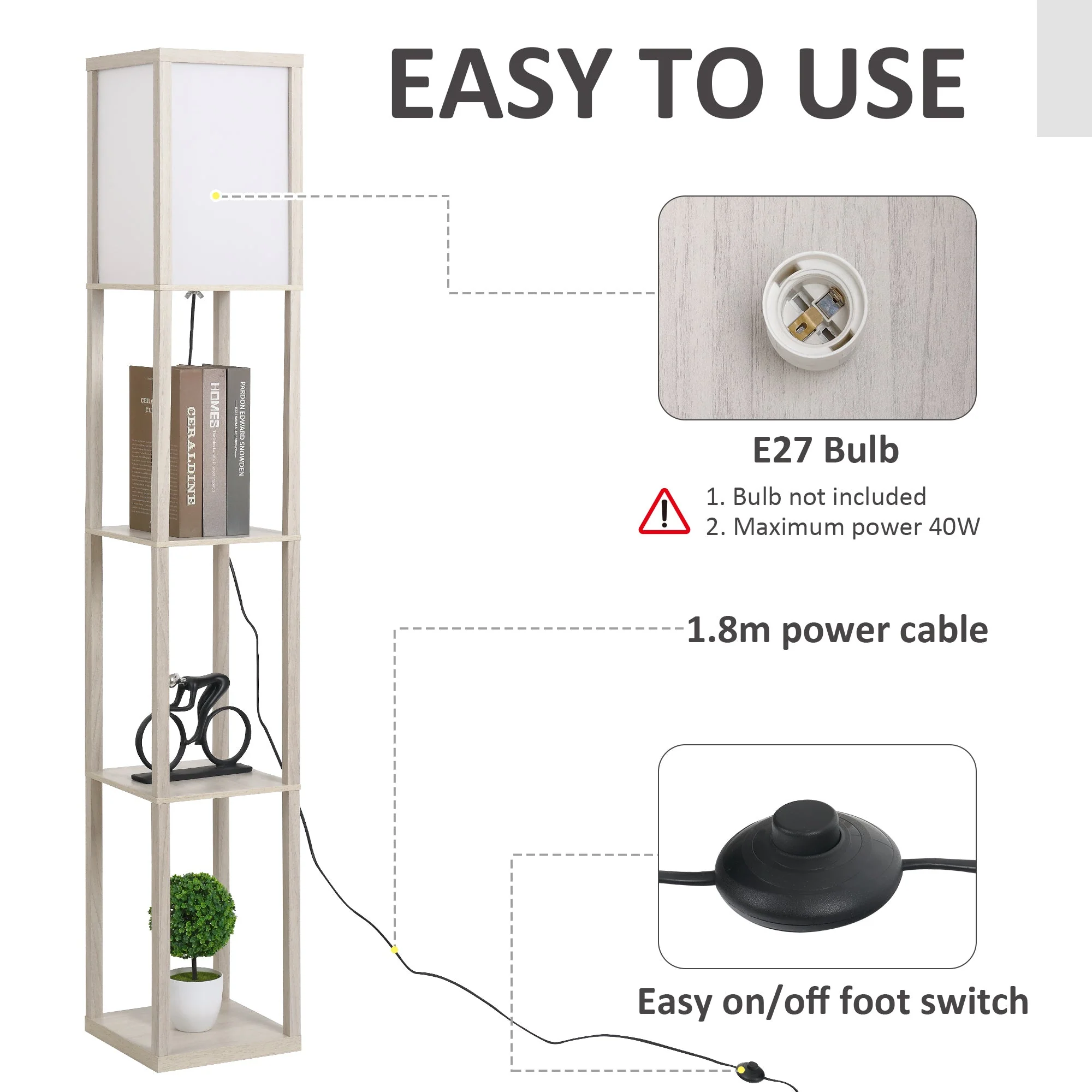 Medium-density fibreboard 3-Tier Shelves Floor Lamp Oak/White - Image 4