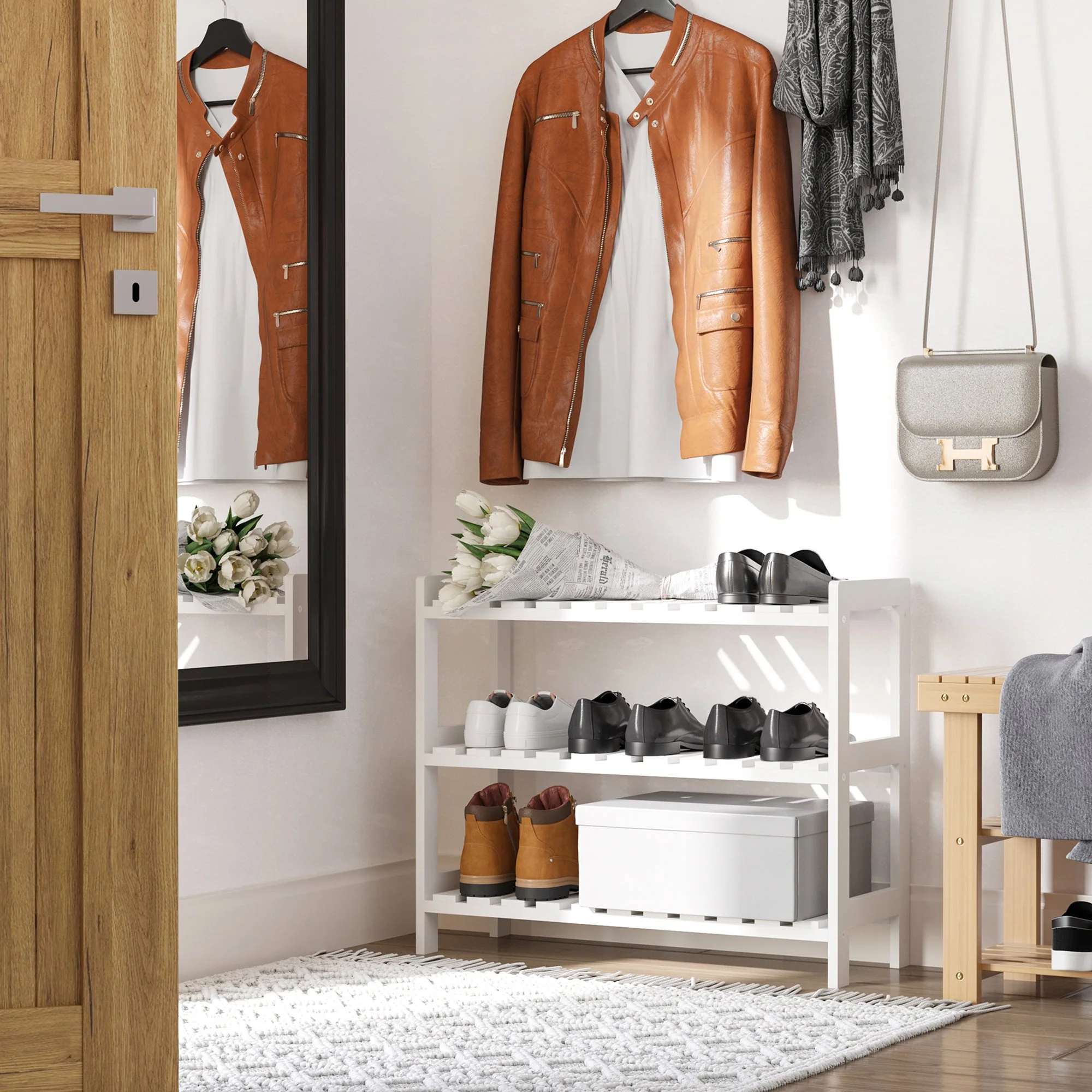 Medium-density fibreboard 3-Tier Slatted Shoe Rack White - Image 2