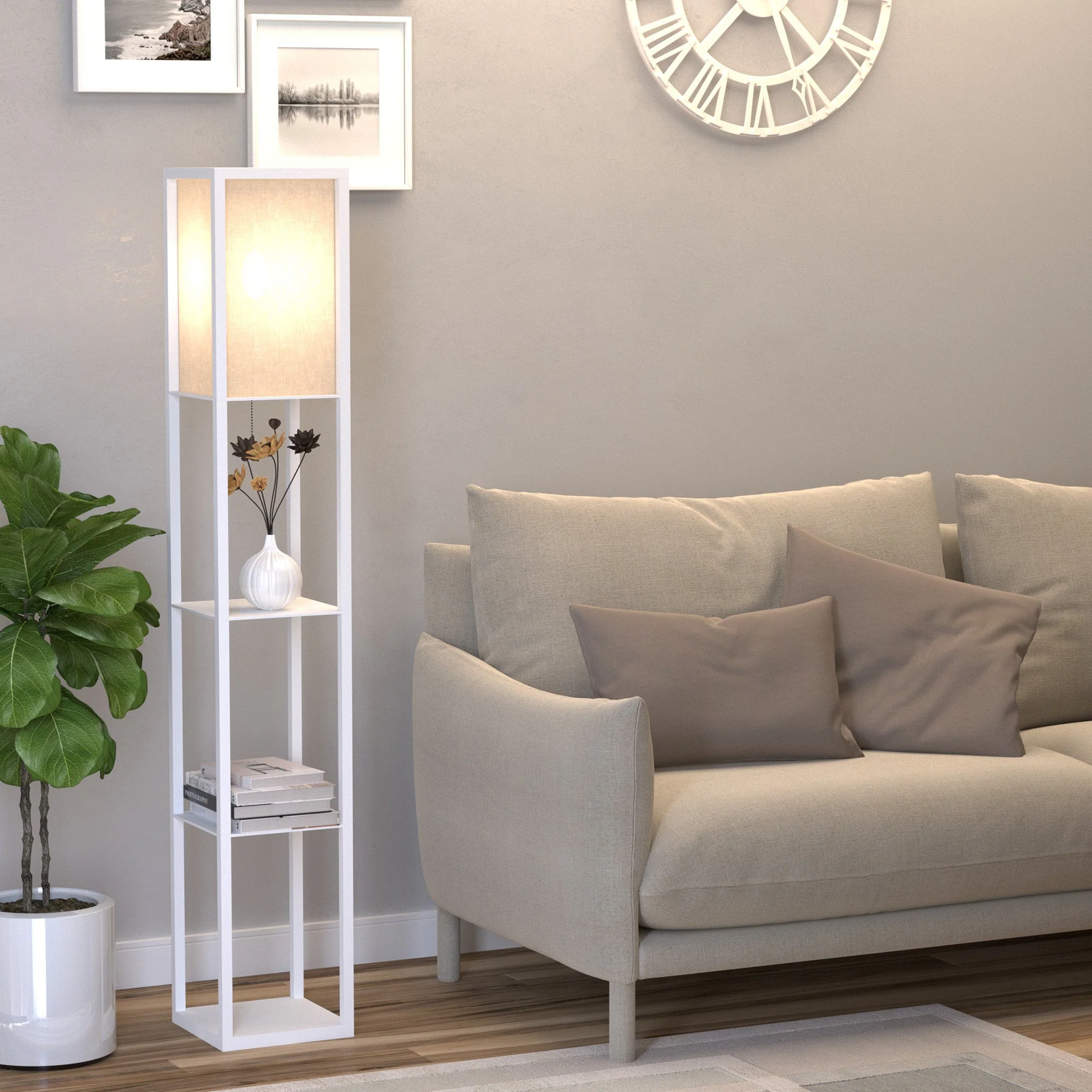 Medium-density fibreboard 4-Tier Floor Lamp White - Image 2