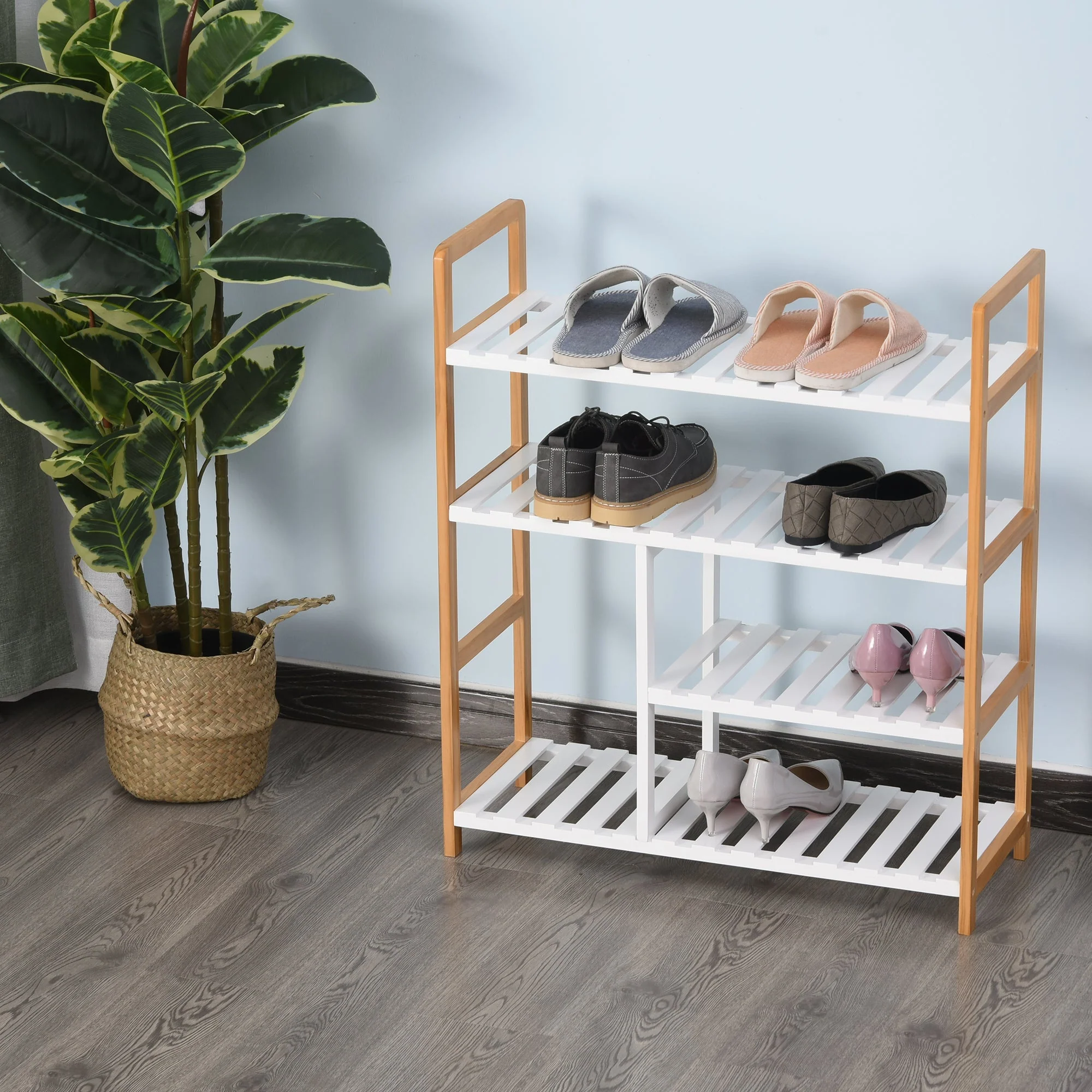 Medium-density fibreboard 4-Tier Slatted Shoe Rack White/Oak - Image 2
