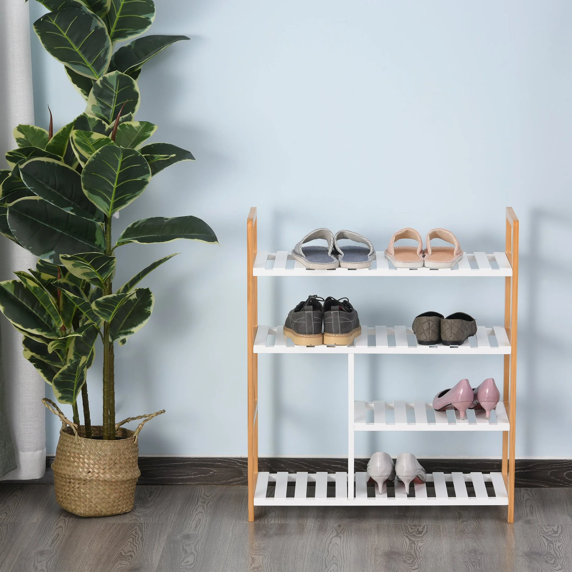 Medium-density fibreboard 4-Tier Slatted Shoe Rack White/Oak - Image 9