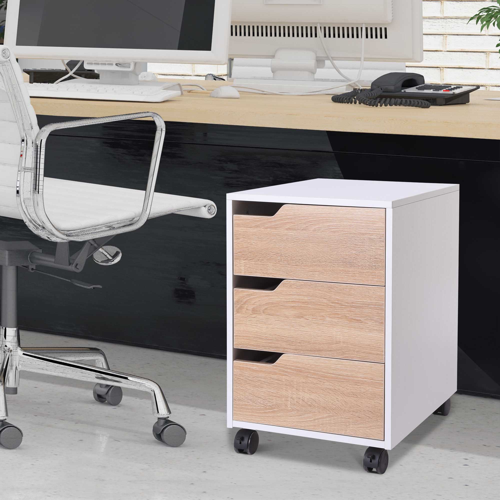 Medium-density fibreboard Mobile File Cabinet w/ 3 Drawers Locking Wheels Metal Rails Oak Tone White - Image 2