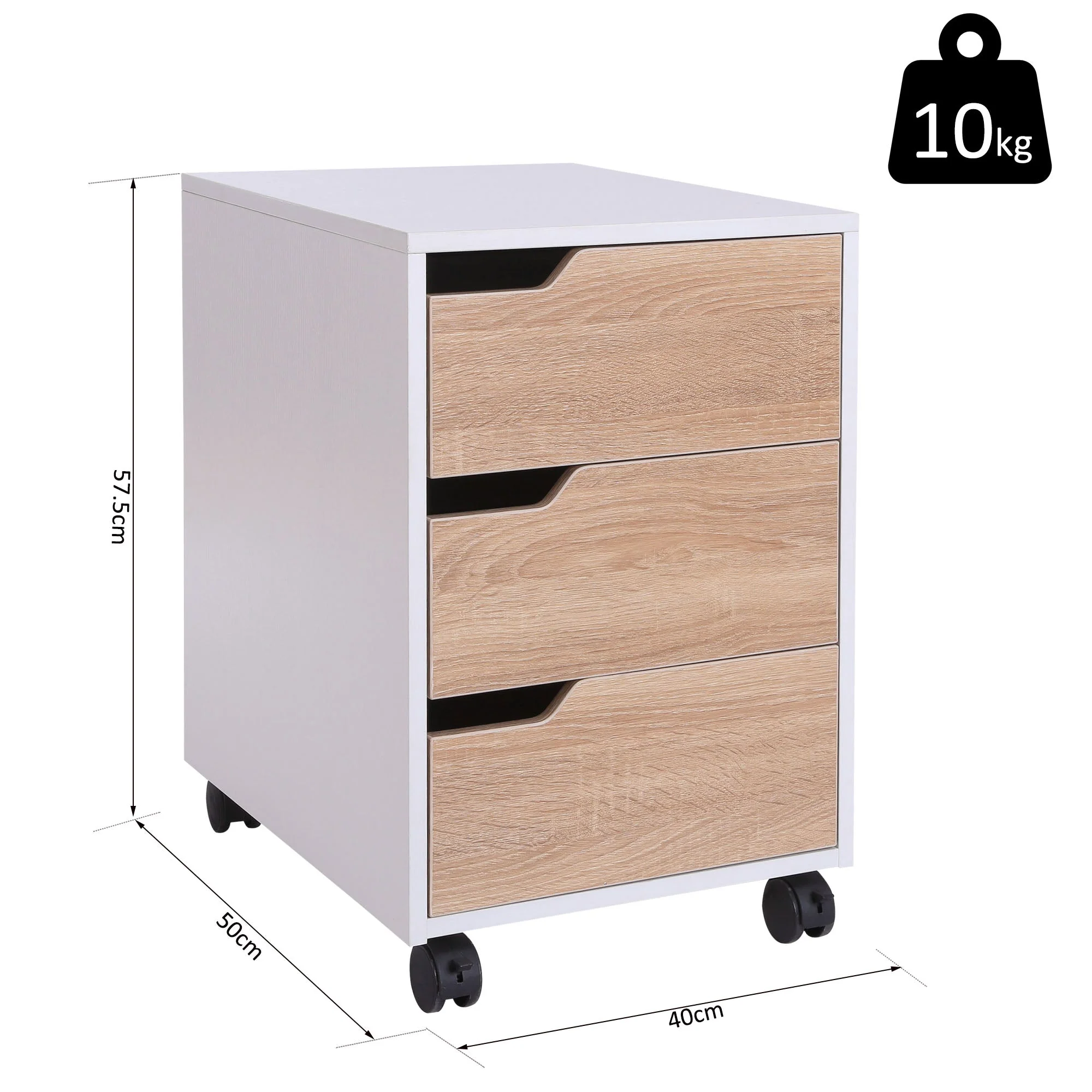 Medium-density fibreboard Mobile File Cabinet w/ 3 Drawers Locking Wheels Metal Rails Oak Tone White - Image 3
