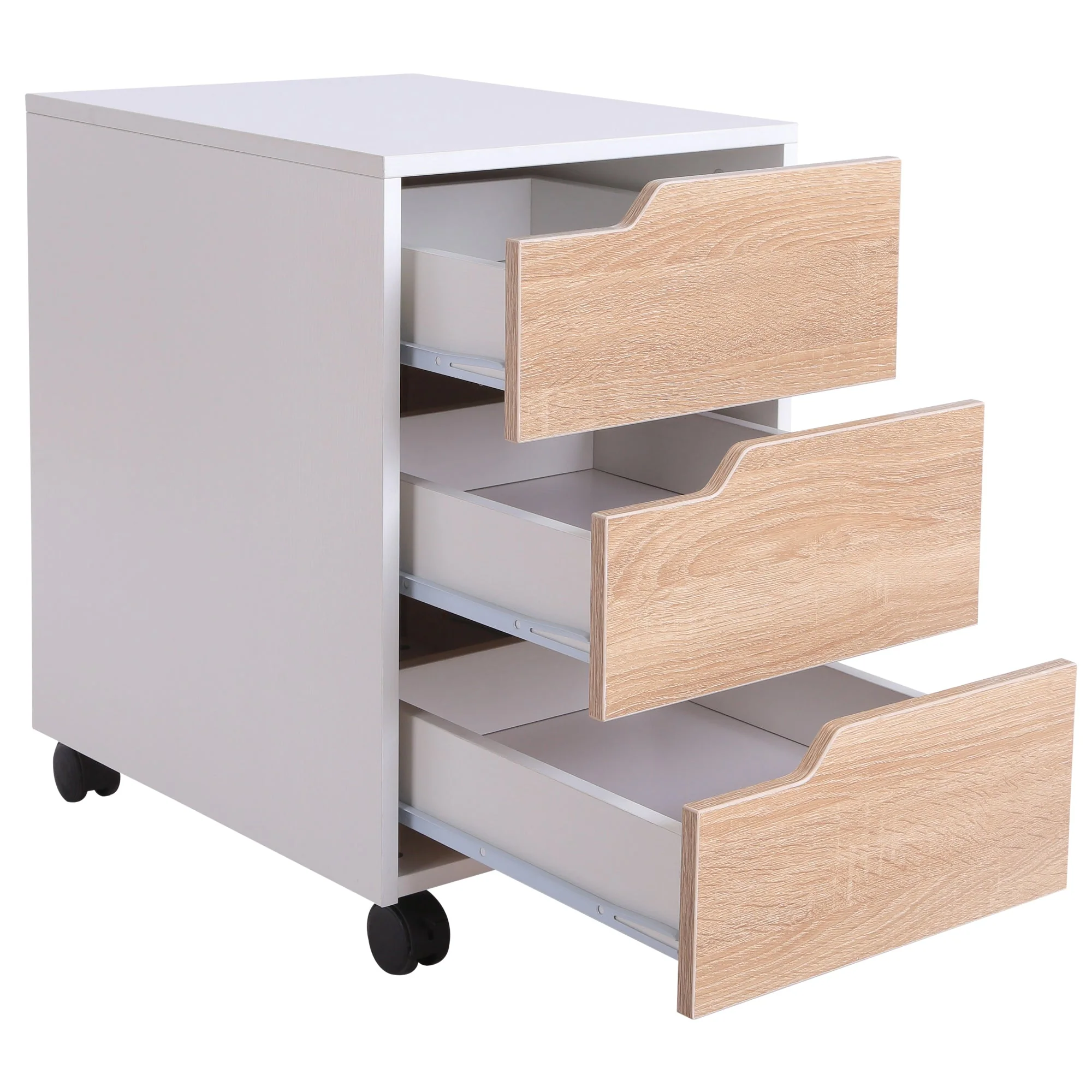 Medium-density fibreboard Mobile File Cabinet w/ 3 Drawers Locking Wheels Metal Rails Oak Tone White - Image 4