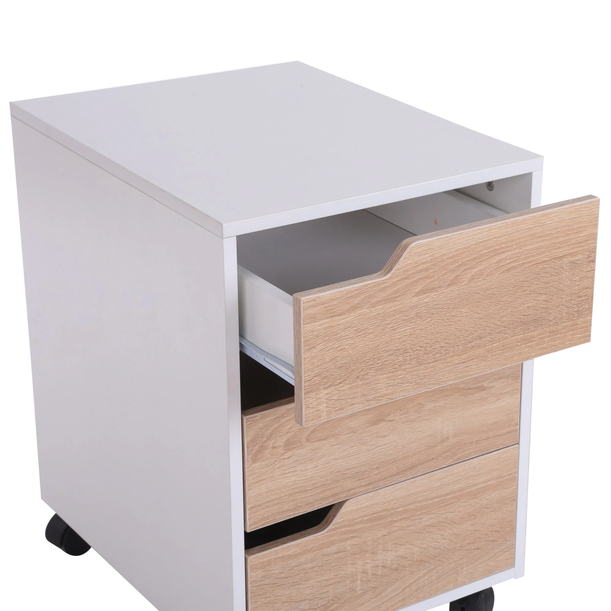 Medium-density fibreboard Mobile File Cabinet w/ 3 Drawers Locking Wheels Metal Rails Oak Tone White - Image 5