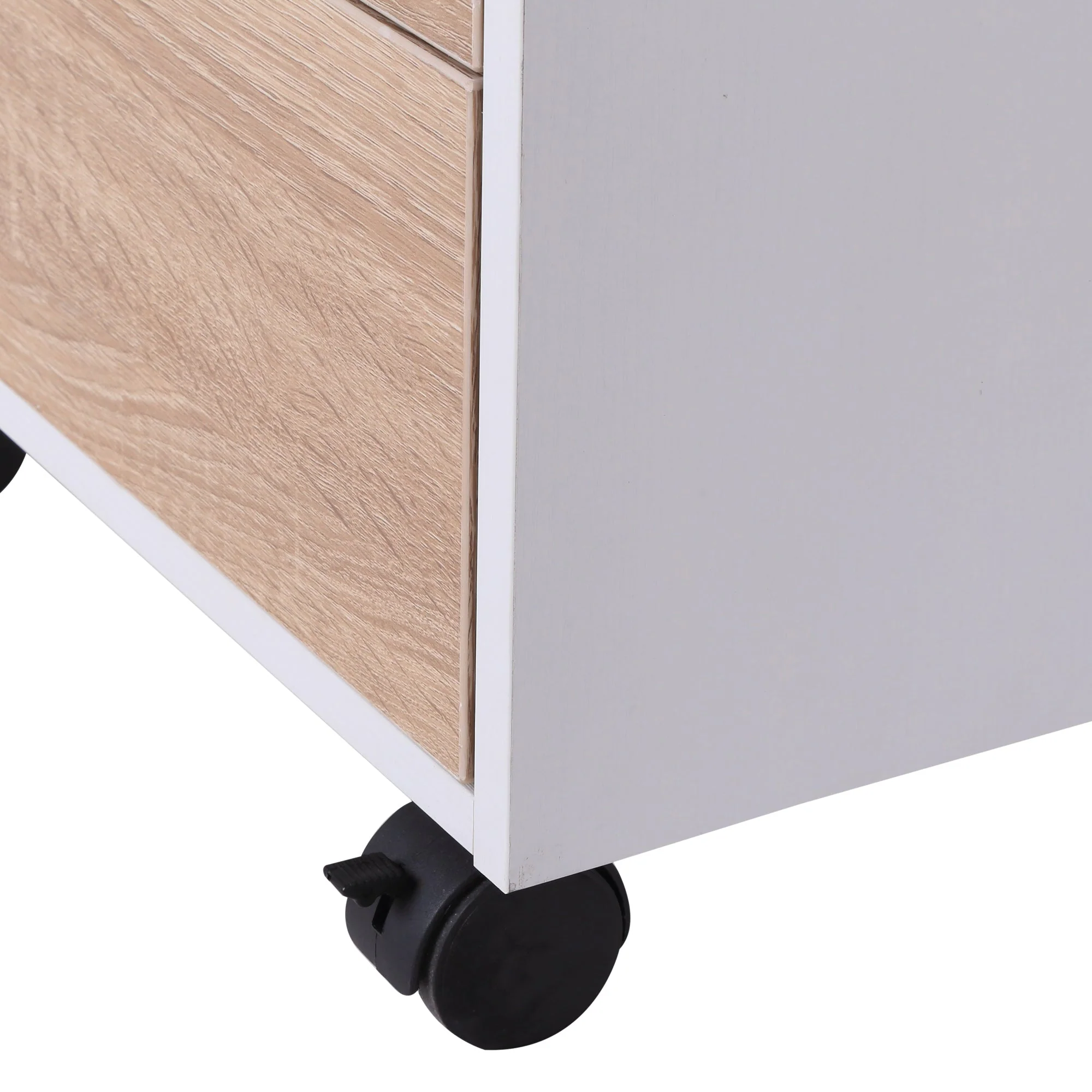 Medium-density fibreboard Mobile File Cabinet w/ 3 Drawers Locking Wheels Metal Rails Oak Tone White - Image 6