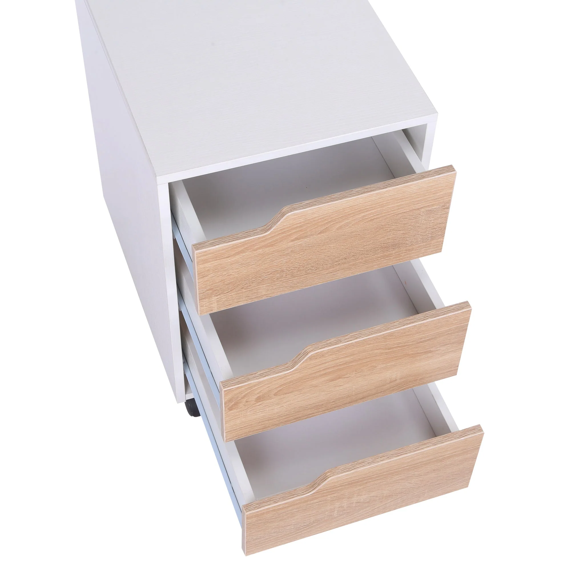 Medium-density fibreboard Mobile File Cabinet w/ 3 Drawers Locking Wheels Metal Rails Oak Tone White - Image 7
