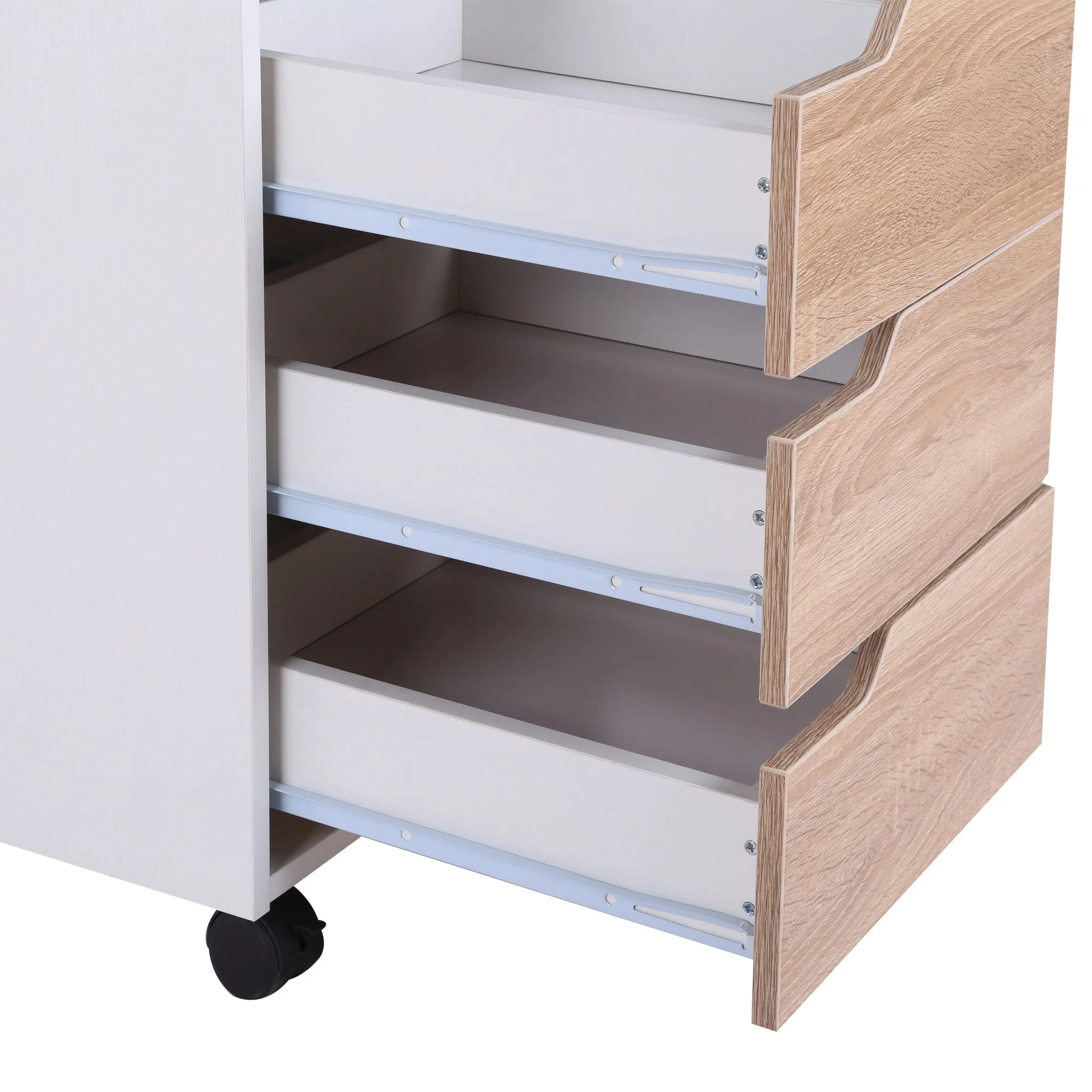Medium-density fibreboard Mobile File Cabinet w/ 3 Drawers Locking Wheels Metal Rails Oak Tone White - Image 9