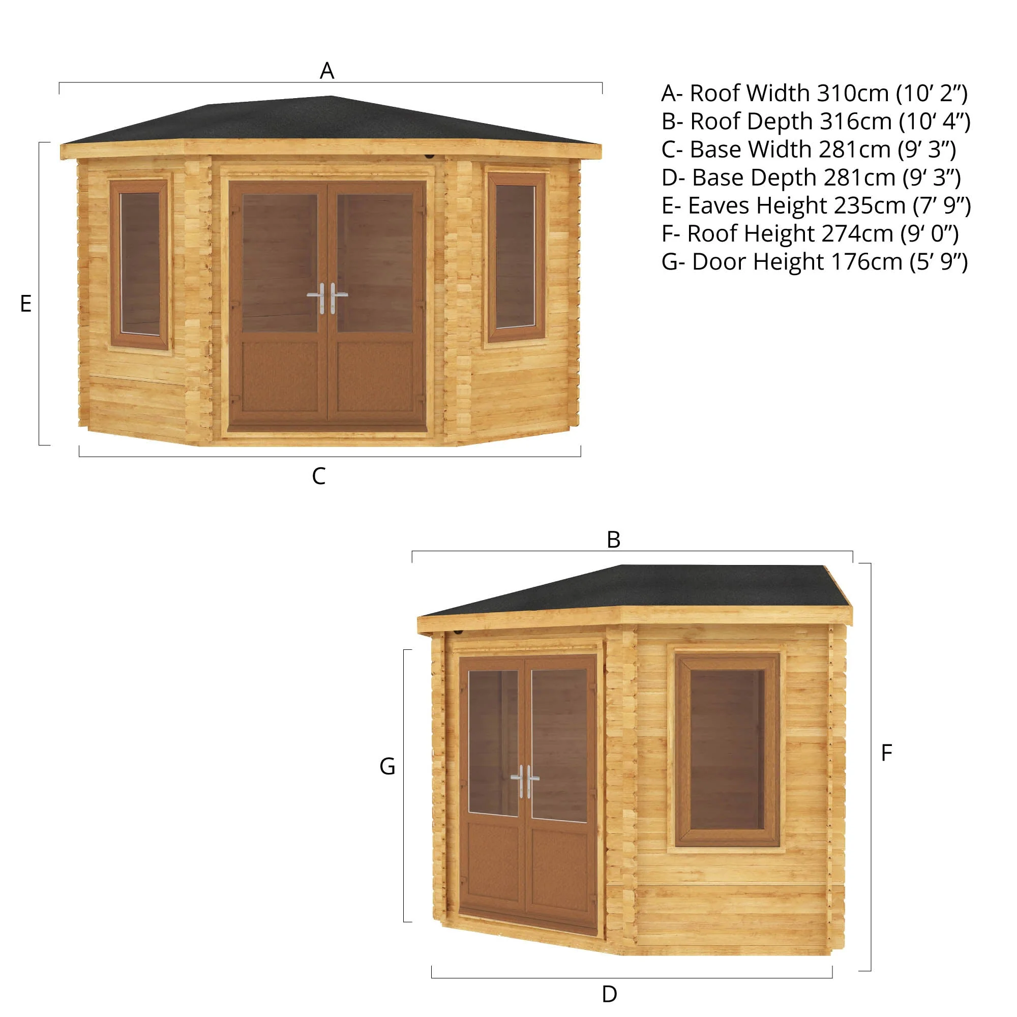 Mercia Corner 10' 4" x 10' 2" Hip Log Cabin - Premium 44mm Cladding Loglap - Brown UPVC - Image 12