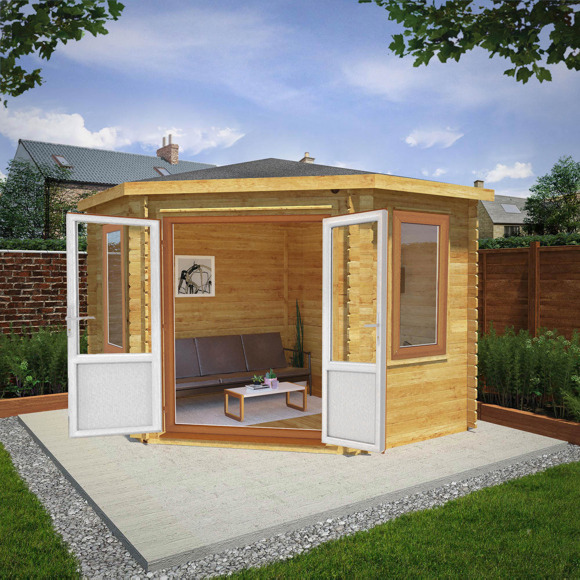 Mercia Corner 10' 4" x 10' 2" Hip Log Cabin - Premium 44mm Cladding Loglap - Brown UPVC - Image 2