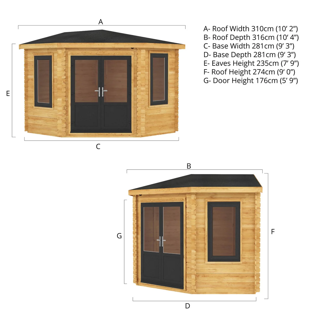 Mercia Corner 10' 4" x 10' 2" Hip Log Cabin - Premium 44mm Cladding Loglap - Grey UPVC - Image 11