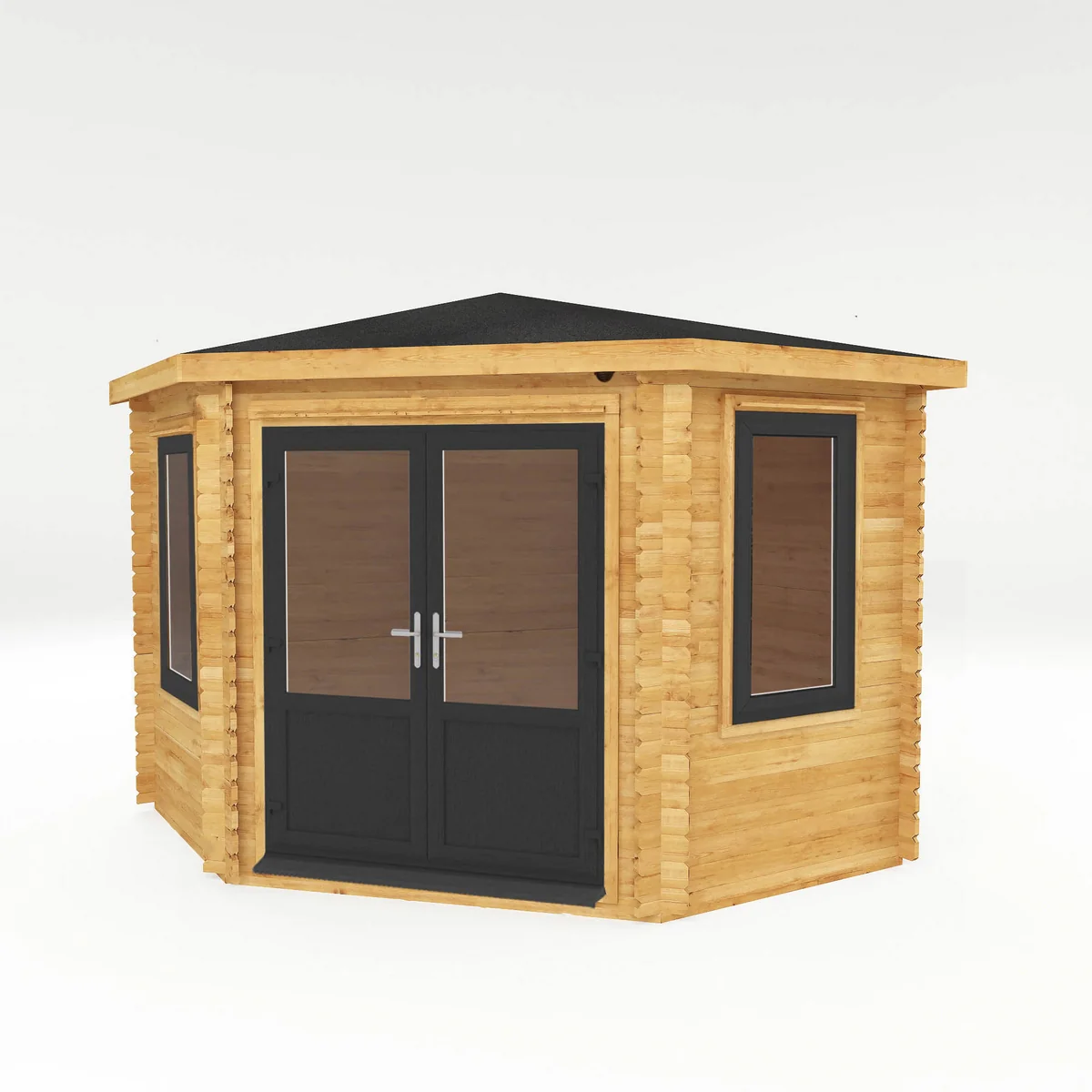 Mercia Corner 10' 4" x 10' 2" Hip Log Cabin - Premium 44mm Cladding Loglap - Grey UPVC - Image 2