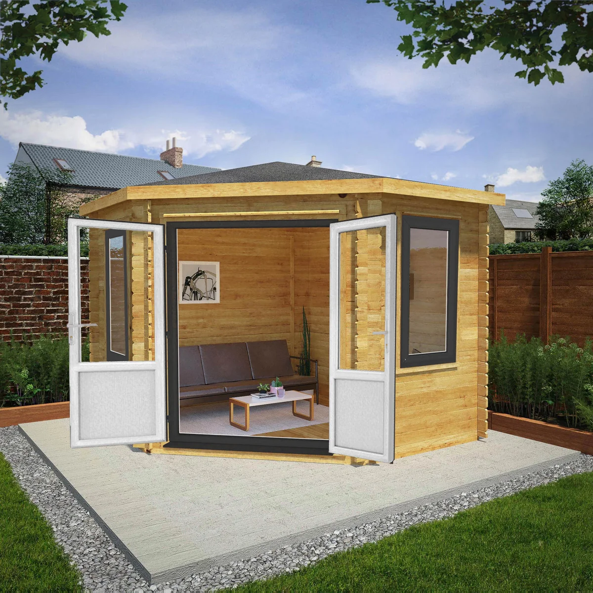 Mercia Corner 10' 4" x 10' 2" Hip Log Cabin - Premium 44mm Cladding Loglap - Grey UPVC - Image 3