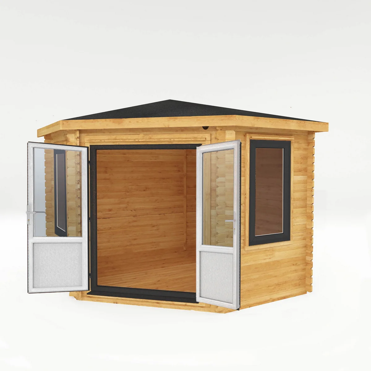 Mercia Corner 10' 4" x 10' 2" Hip Log Cabin - Premium 44mm Cladding Loglap - Grey UPVC - Image 7