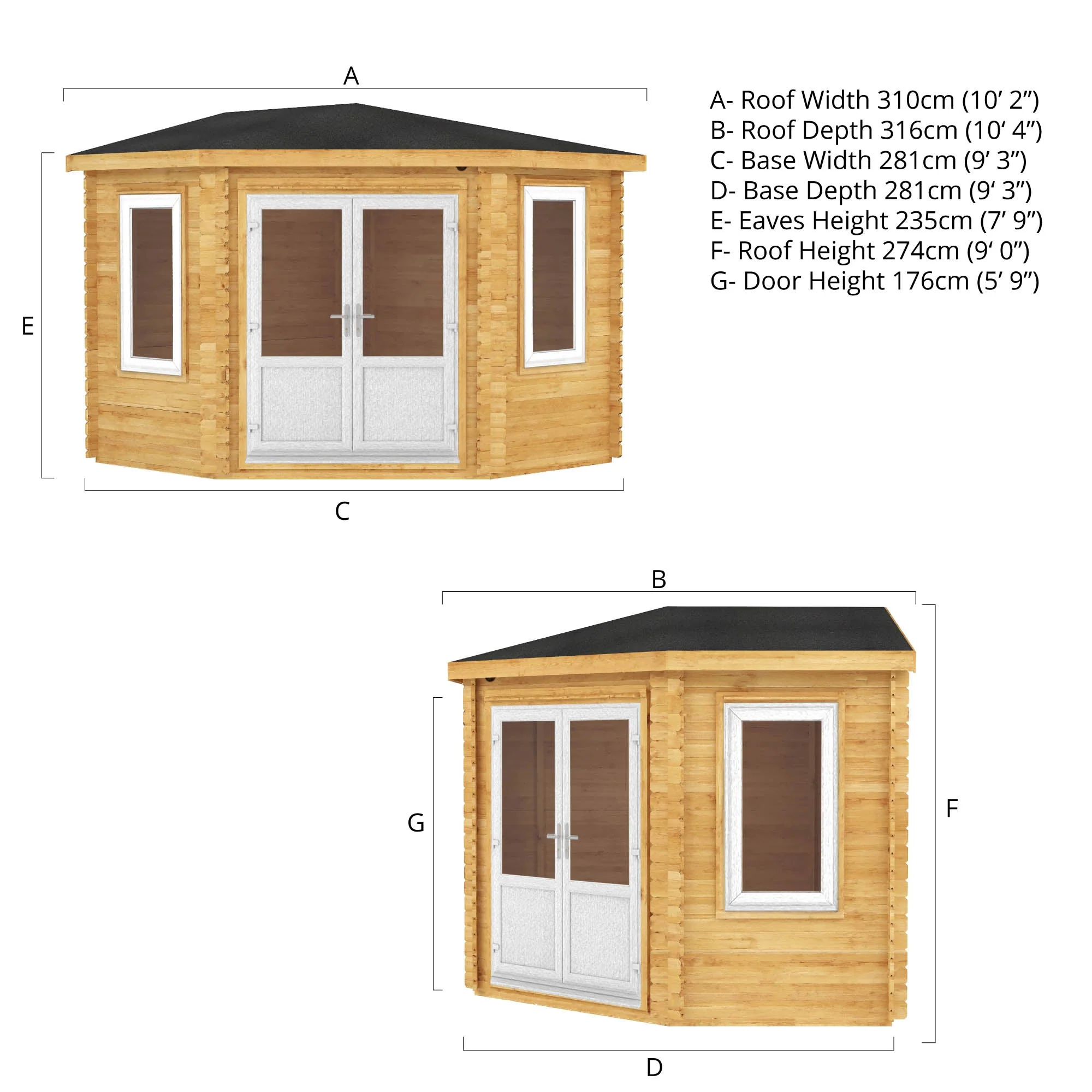 Mercia Corner 10' 4" x 10' 2" Hip Log Cabin - Premium 44mm Cladding Loglap - White UPVC - Image 12
