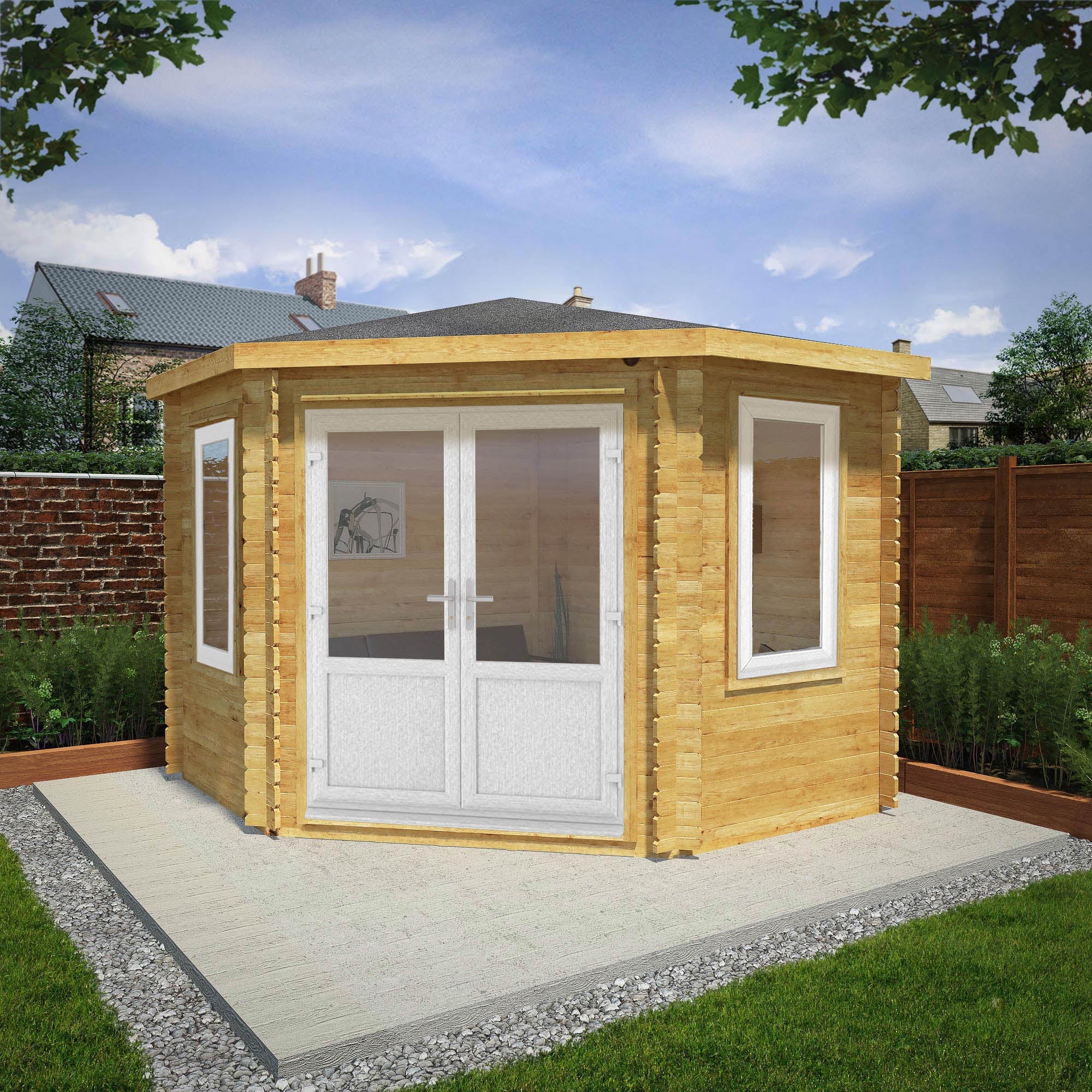 Mercia Corner 10' 4" x 10' 2" Hip Log Cabin - Premium 44mm Cladding Loglap - White UPVC - Image 2