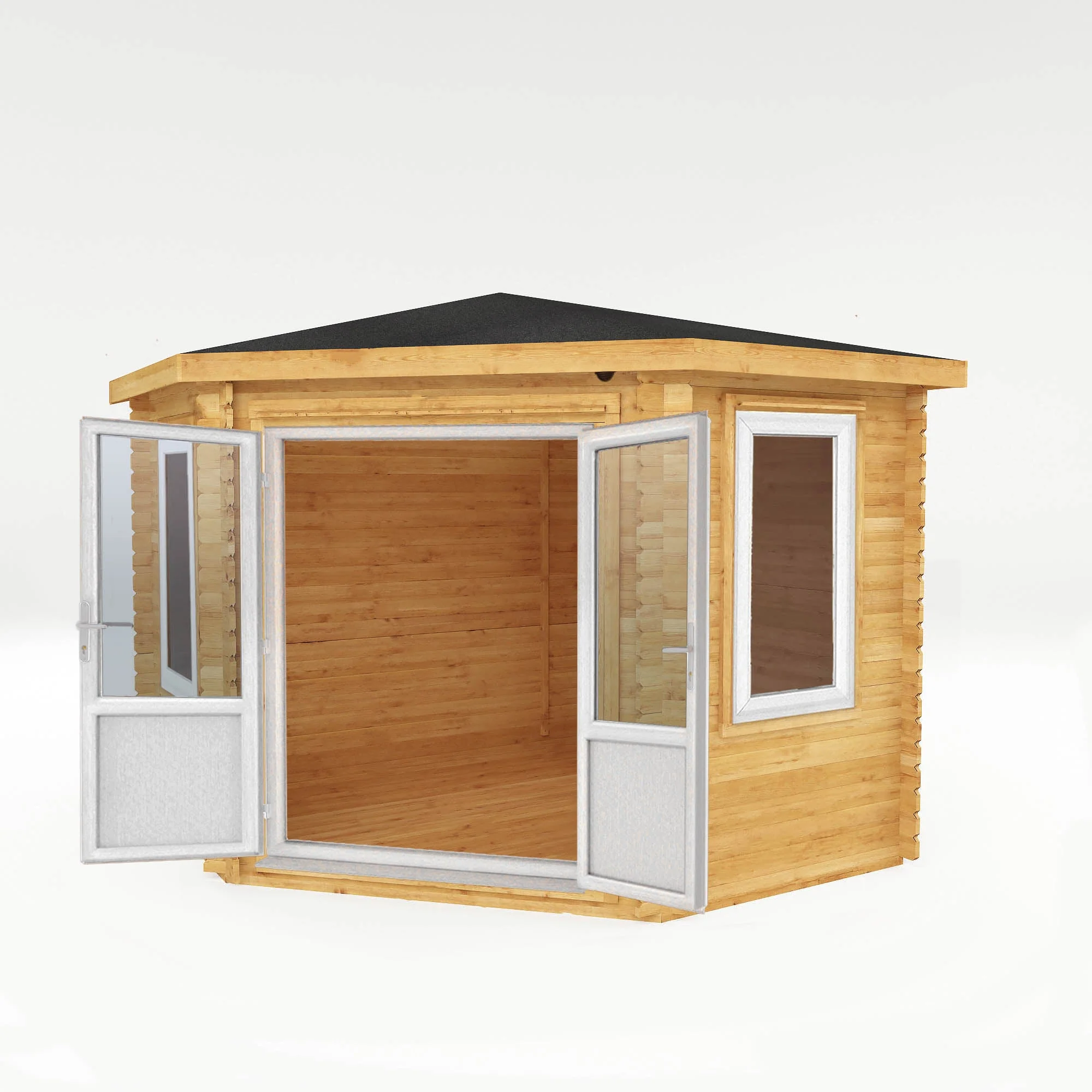 Mercia Corner 10' 4" x 10' 2" Hip Log Cabin - Premium 44mm Cladding Loglap - White UPVC - Image 9