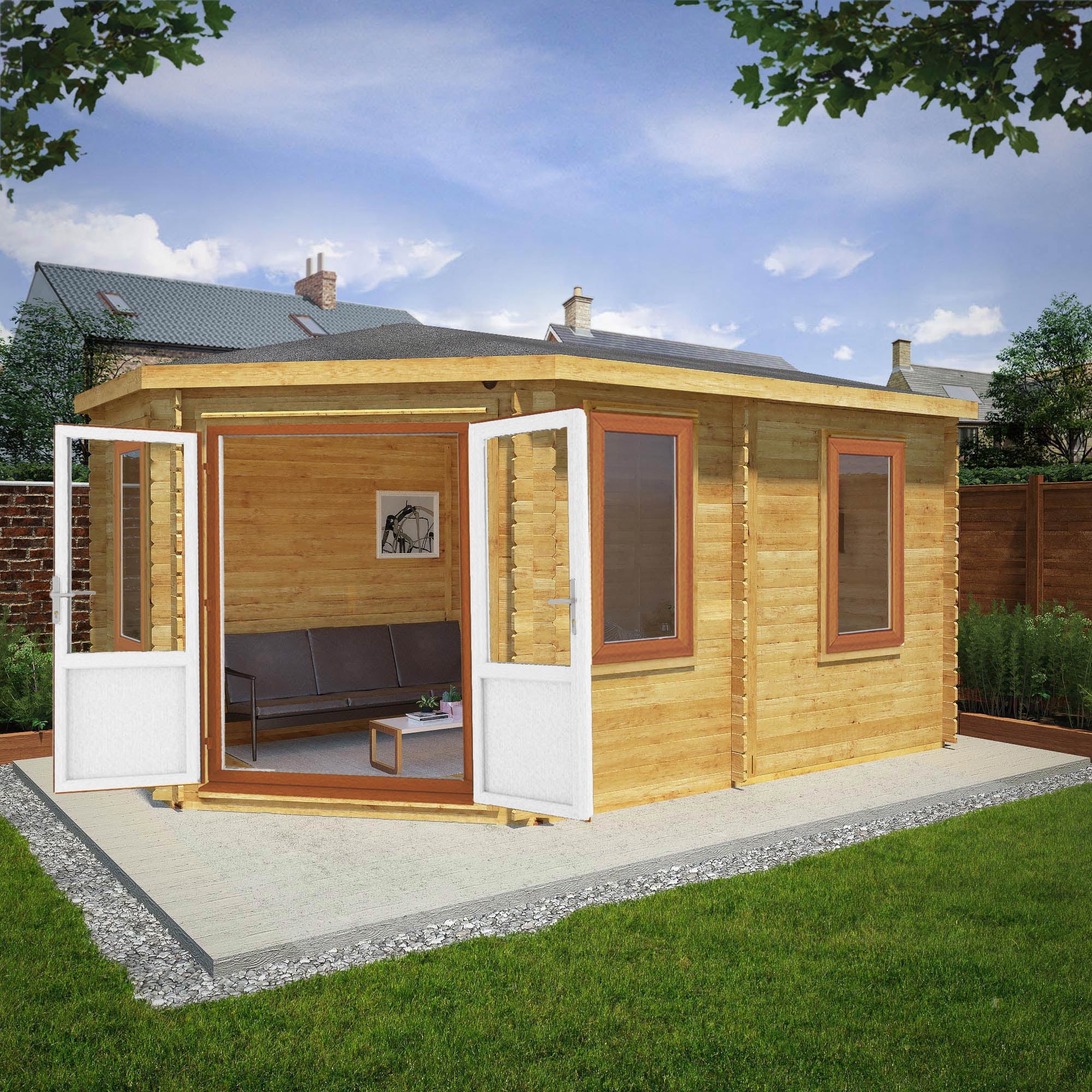 Mercia Corner 10' 4" x 16' 8" Hip Log Cabin - Premium 44mm Cladding Loglap - Brown UPVC - Image 2