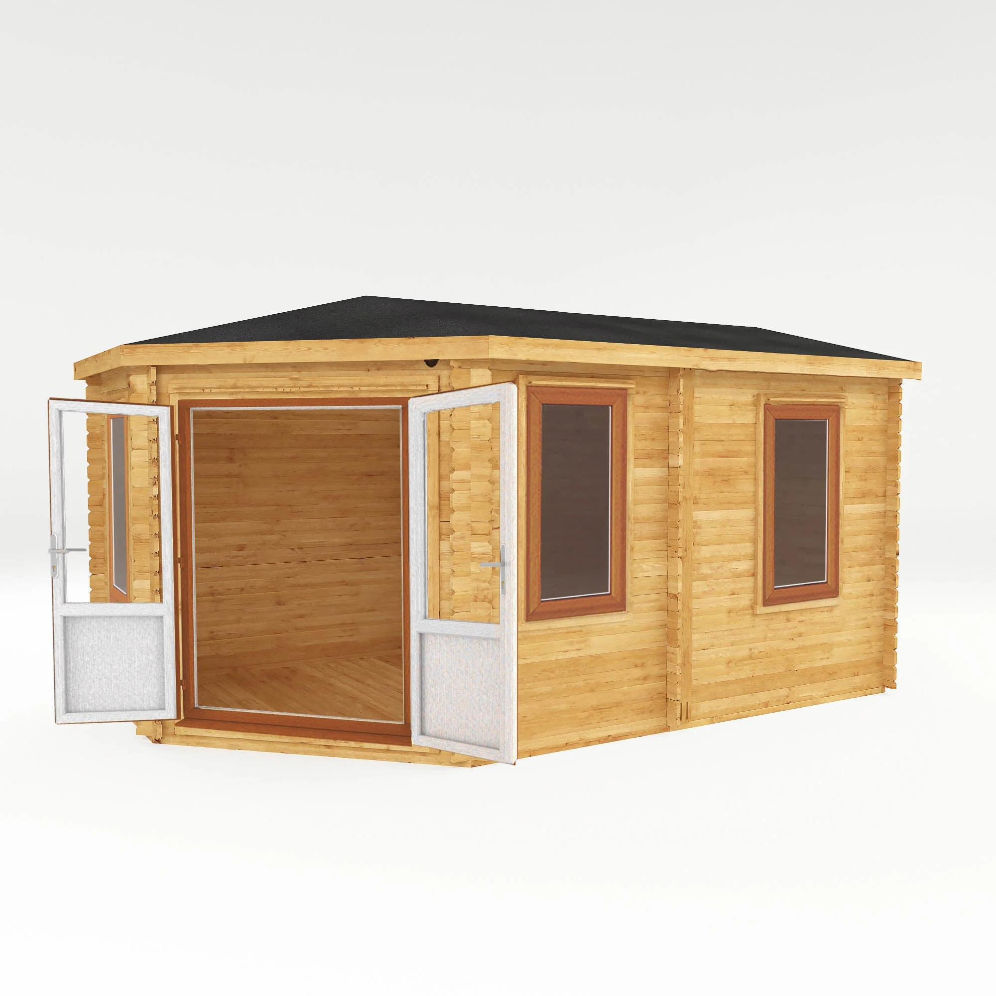 Mercia Corner 10' 4" x 16' 8" Hip Log Cabin - Premium 44mm Cladding Loglap - Brown UPVC - Image 7