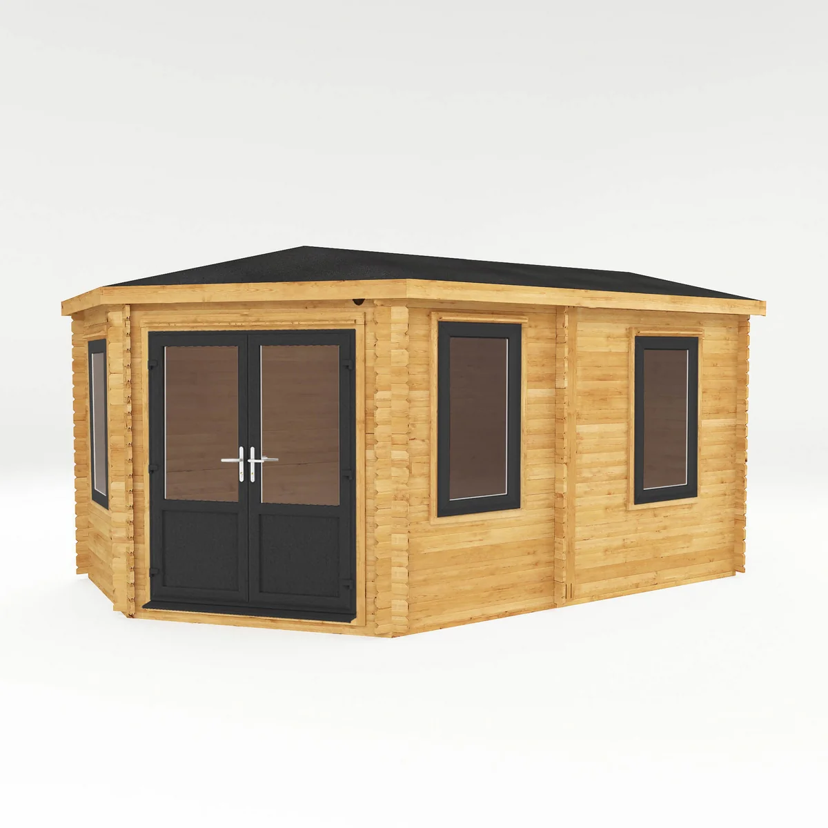Mercia Corner 10' 4" x 16' 8" Hip Log Cabin - Premium 44mm Cladding Loglap - Grey UPVC - Image 3