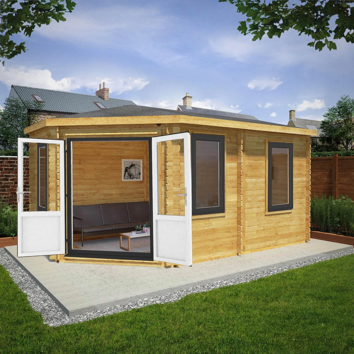 Mercia Corner 10' 4" x 16' 8" Hip Log Cabin - Premium 44mm Cladding Loglap - Grey UPVC - Image 4