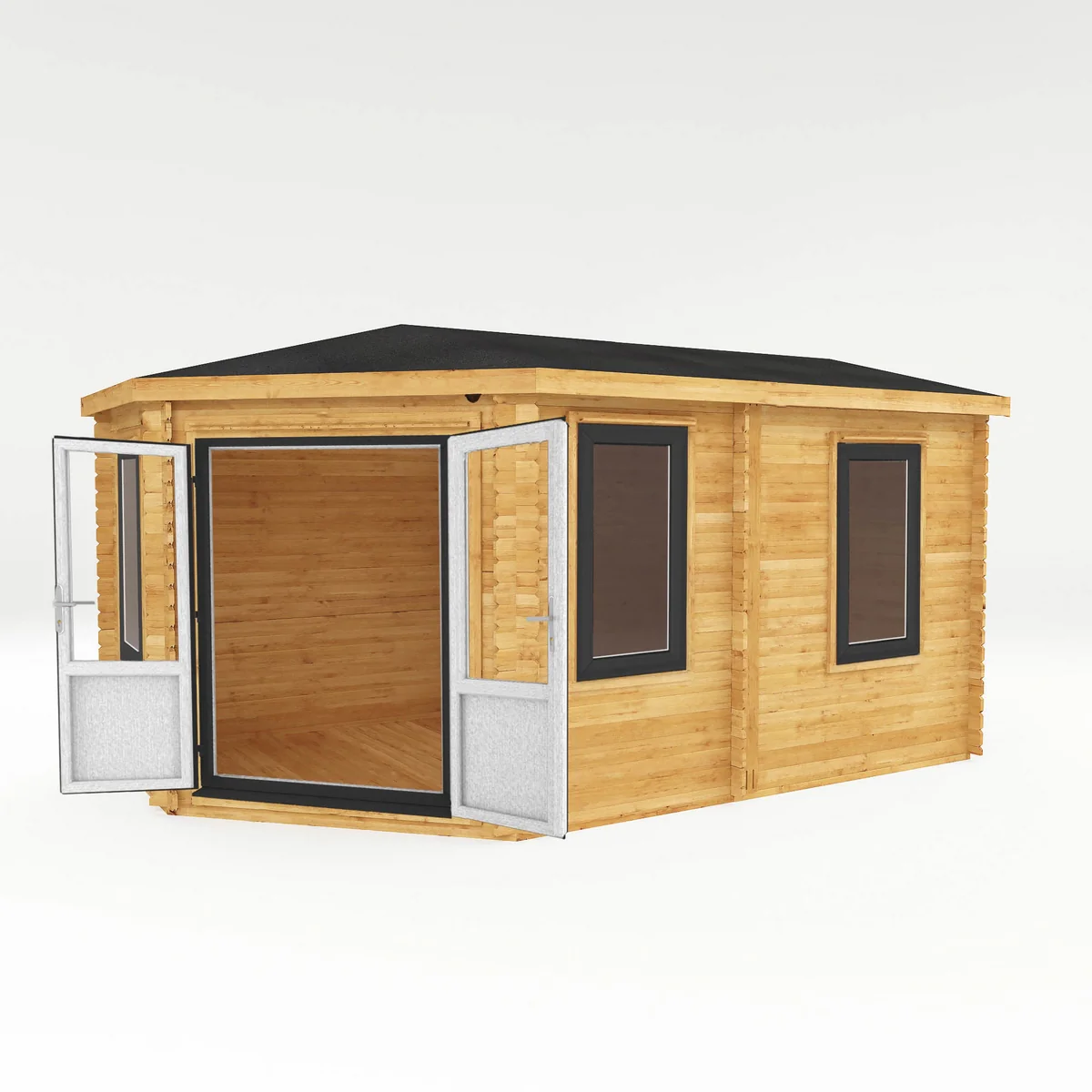 Mercia Corner 10' 4" x 16' 8" Hip Log Cabin - Premium 44mm Cladding Loglap - Grey UPVC - Image 5