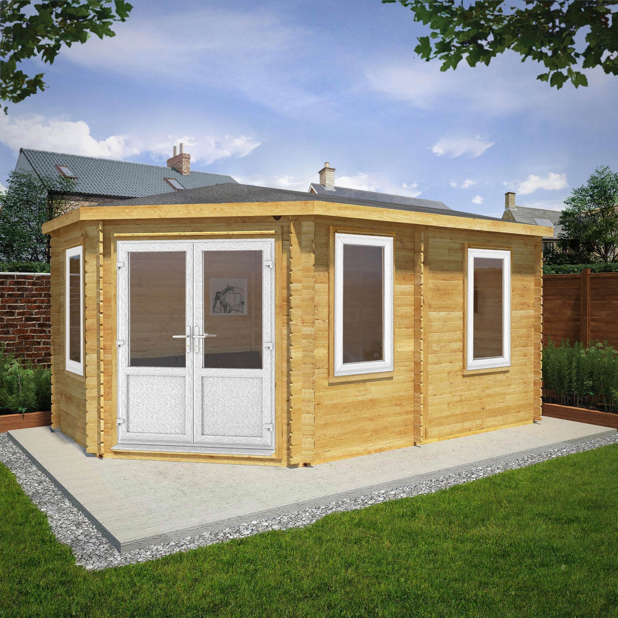 Mercia Corner 10' 4" x 16' 8" Hip Log Cabin - Premium 44mm Cladding Loglap - White UPVC - Image 2