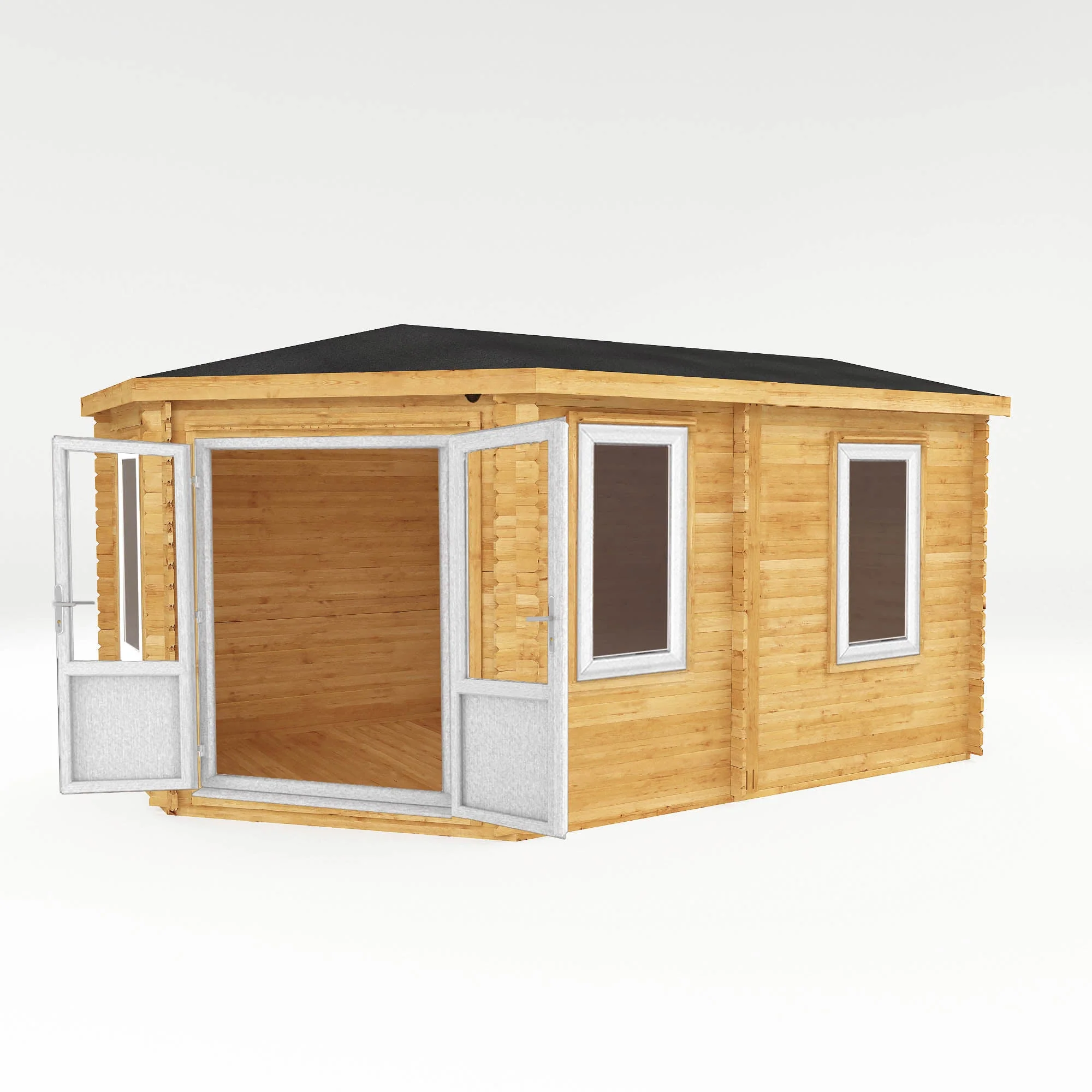 Mercia Corner 10' 4" x 16' 8" Hip Log Cabin - Premium 44mm Cladding Loglap - White UPVC - Image 8