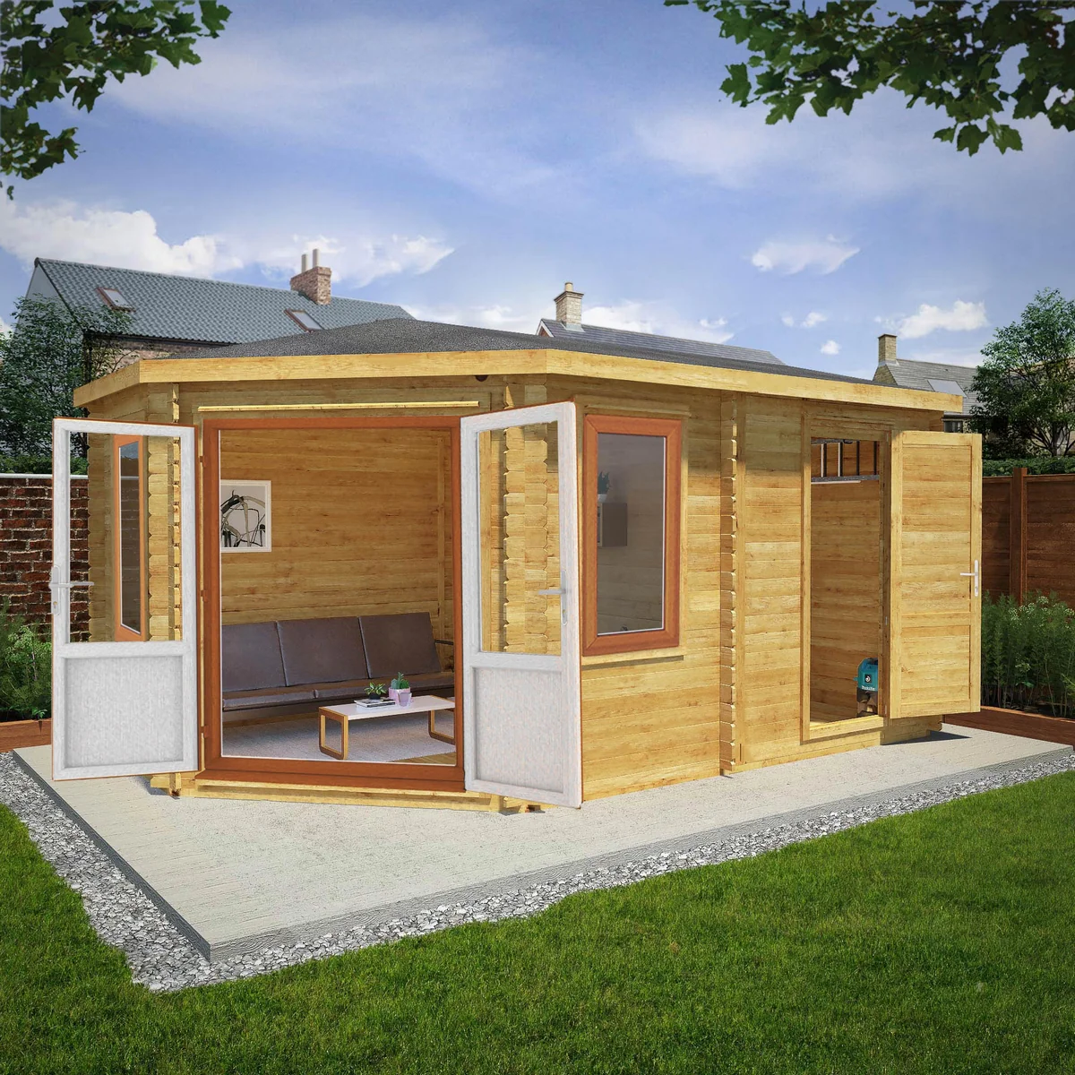 Mercia Corner 10' 4" x 16' 8" Hip Log Cabin Shed - Premium 44mm Cladding Loglap - Brown UPVC - Image 2