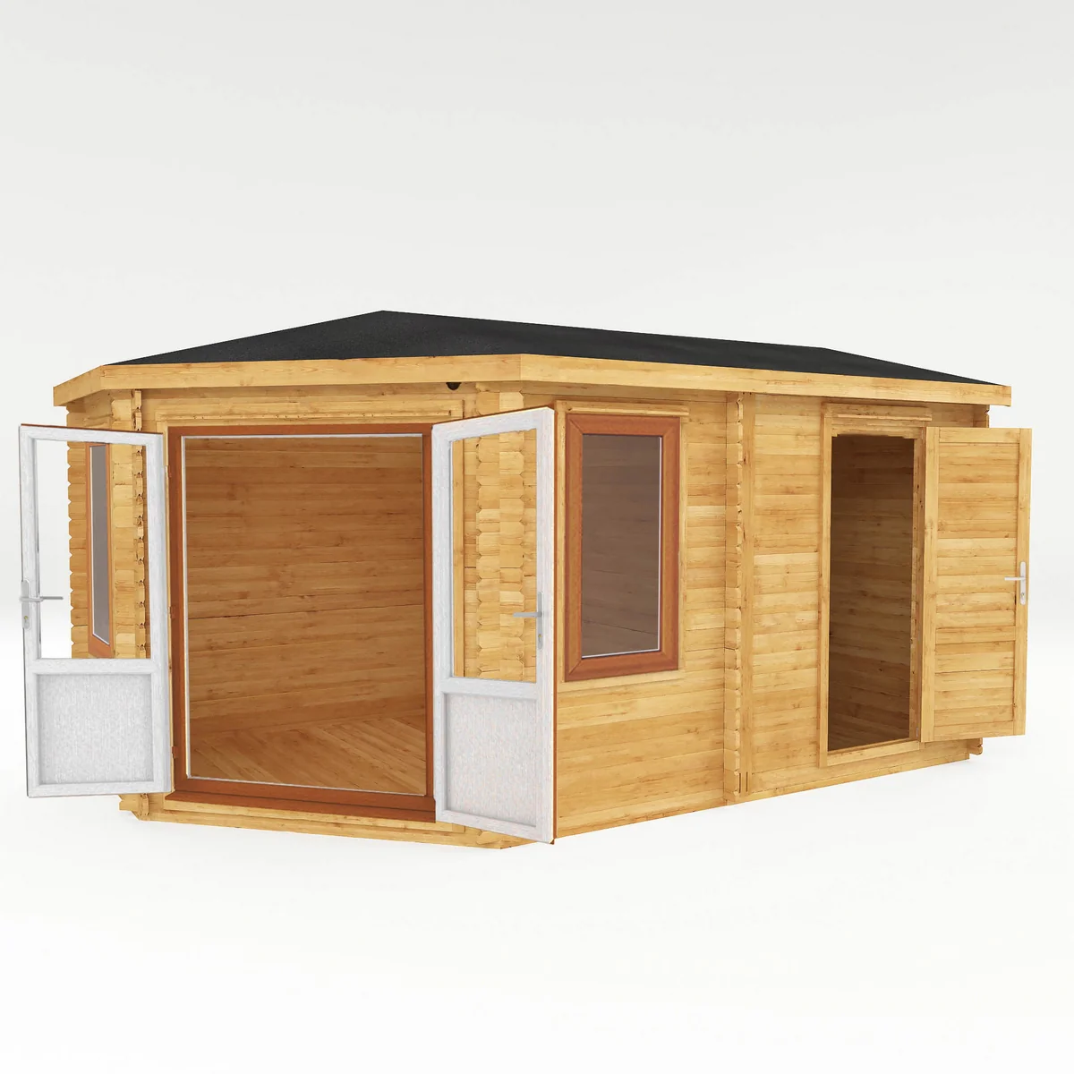 Mercia Corner 10' 4" x 16' 8" Hip Log Cabin Shed - Premium 44mm Cladding Loglap - Brown UPVC - Image 5