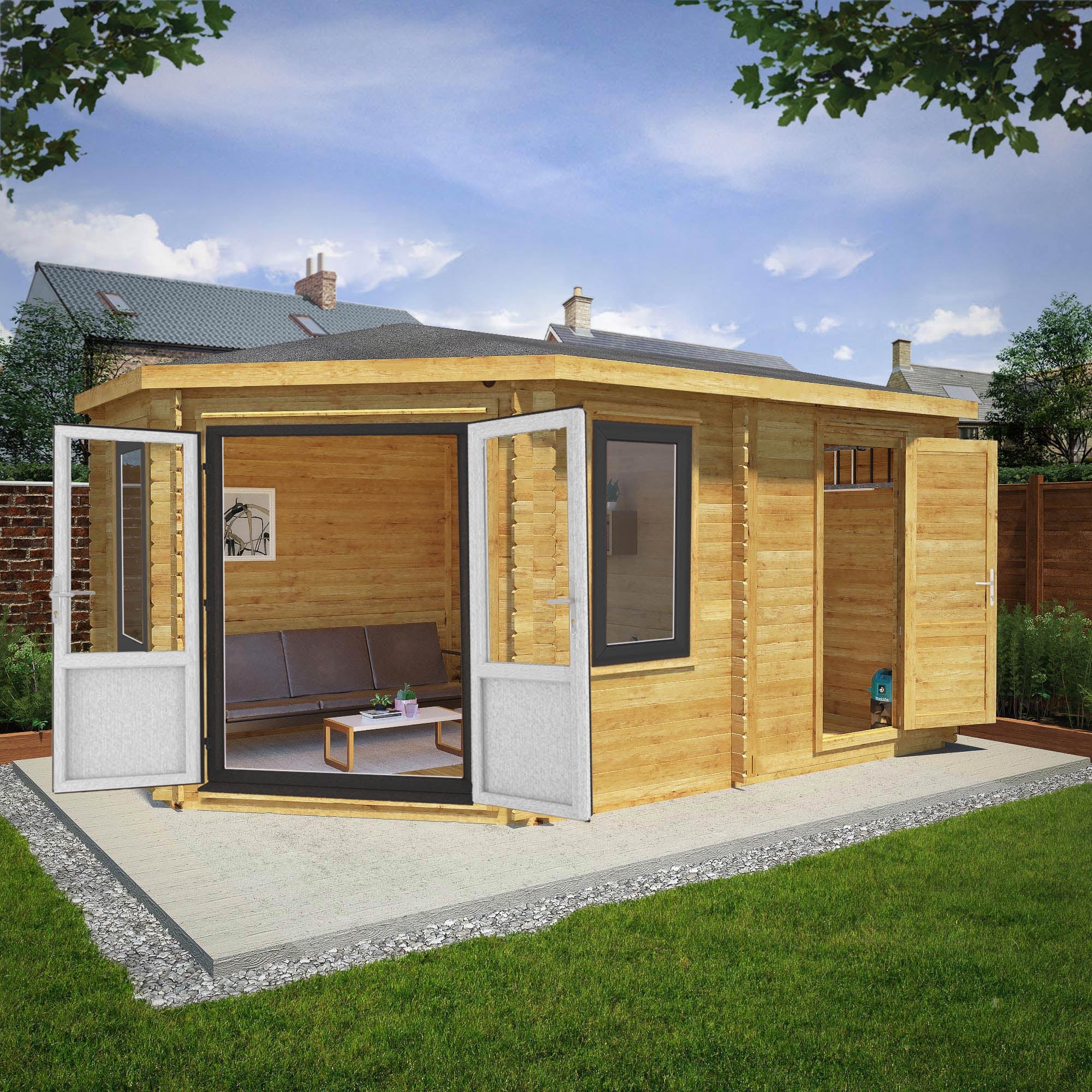 Mercia Corner 10' 4" x 16' 8" Hip Log Cabin Shed - Premium 44mm Cladding Loglap - Grey UPVC - Image 2