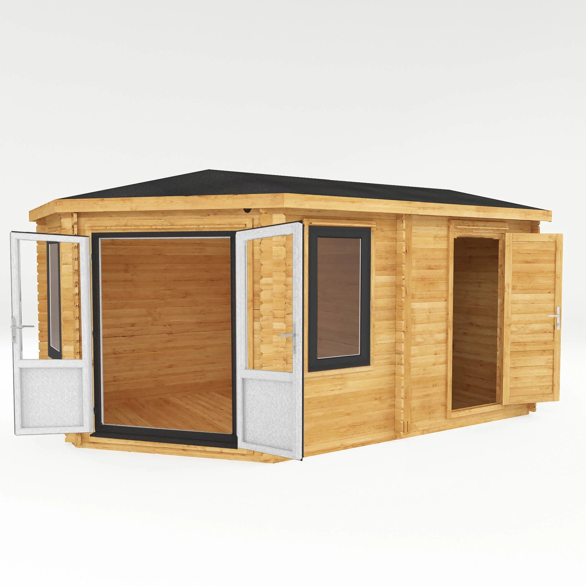 Mercia Corner 10' 4" x 16' 8" Hip Log Cabin Shed - Premium 44mm Cladding Loglap - Grey UPVC - Image 7